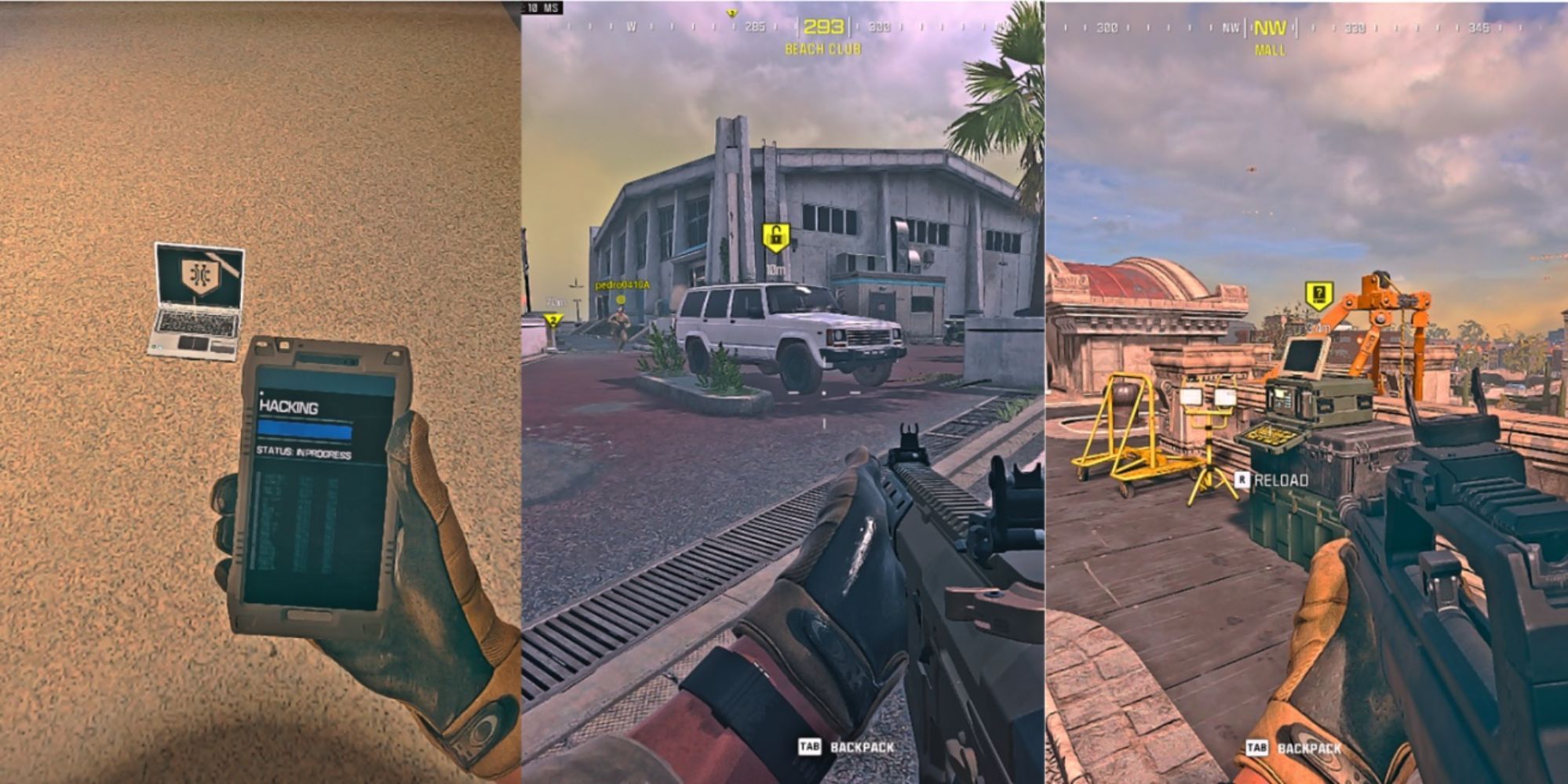Collage showing a PDA with the word hacking on the screen, a white SUV parked close to the Ashika Island shore, and a player looking at a upload site on a rooftop on Vondel in Call of Duty Warzone