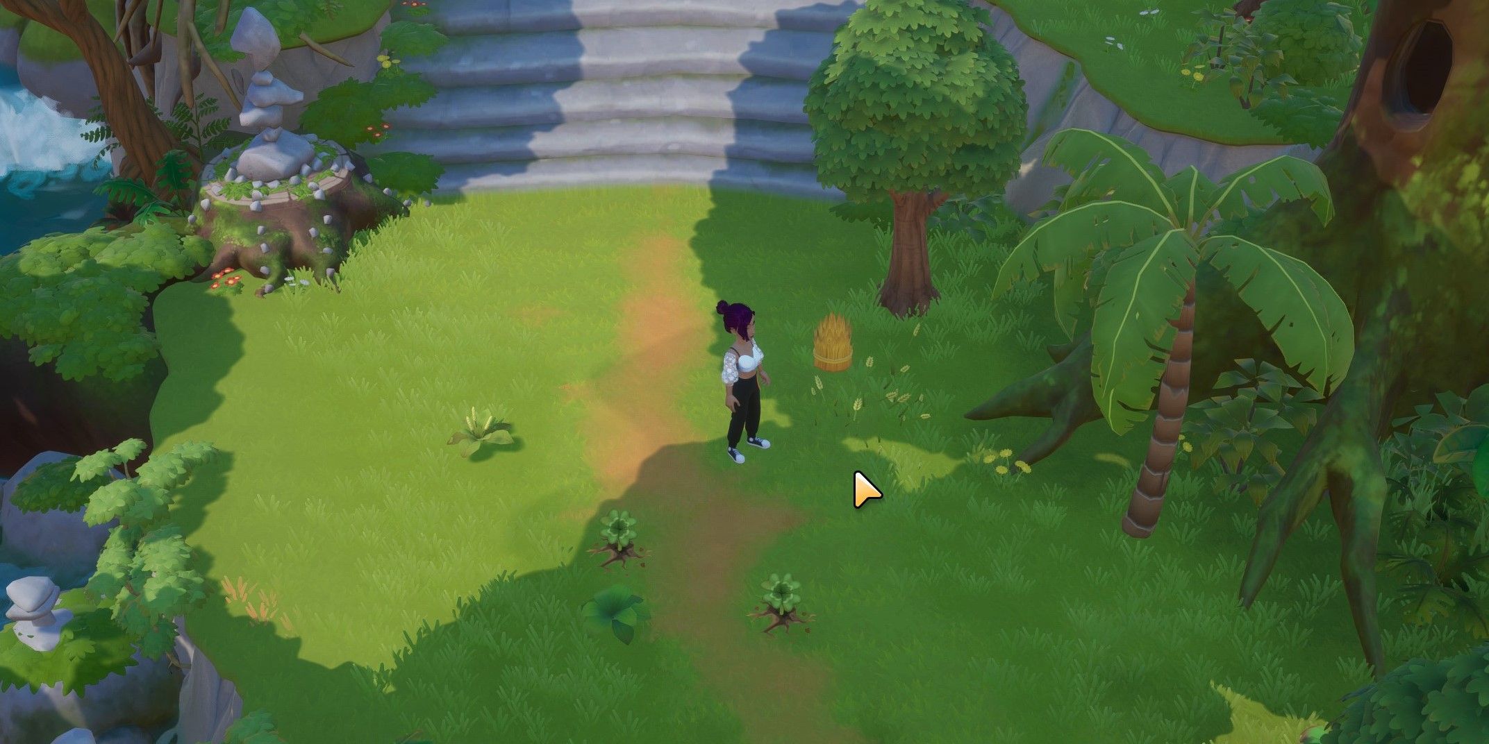 coral island: the player character cutting hay
