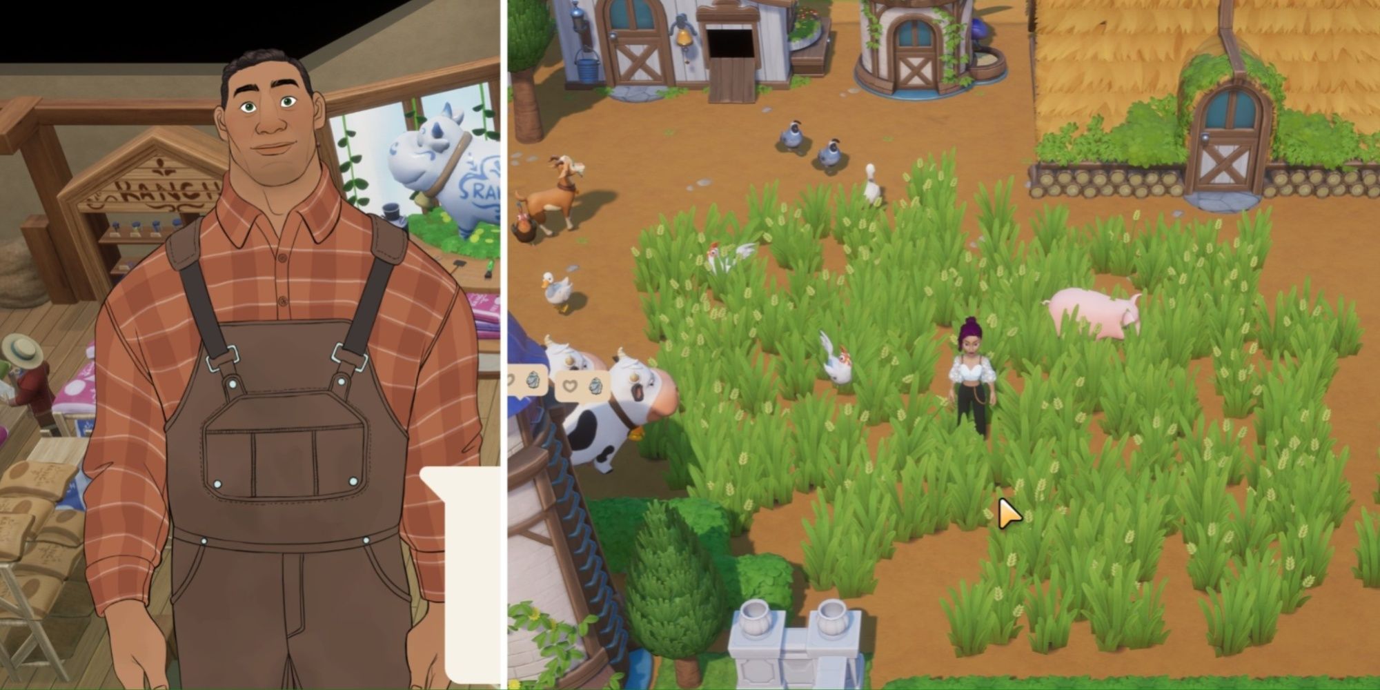 Coral Island: Split image of jack on the left and the player character in a field of hay on the right
