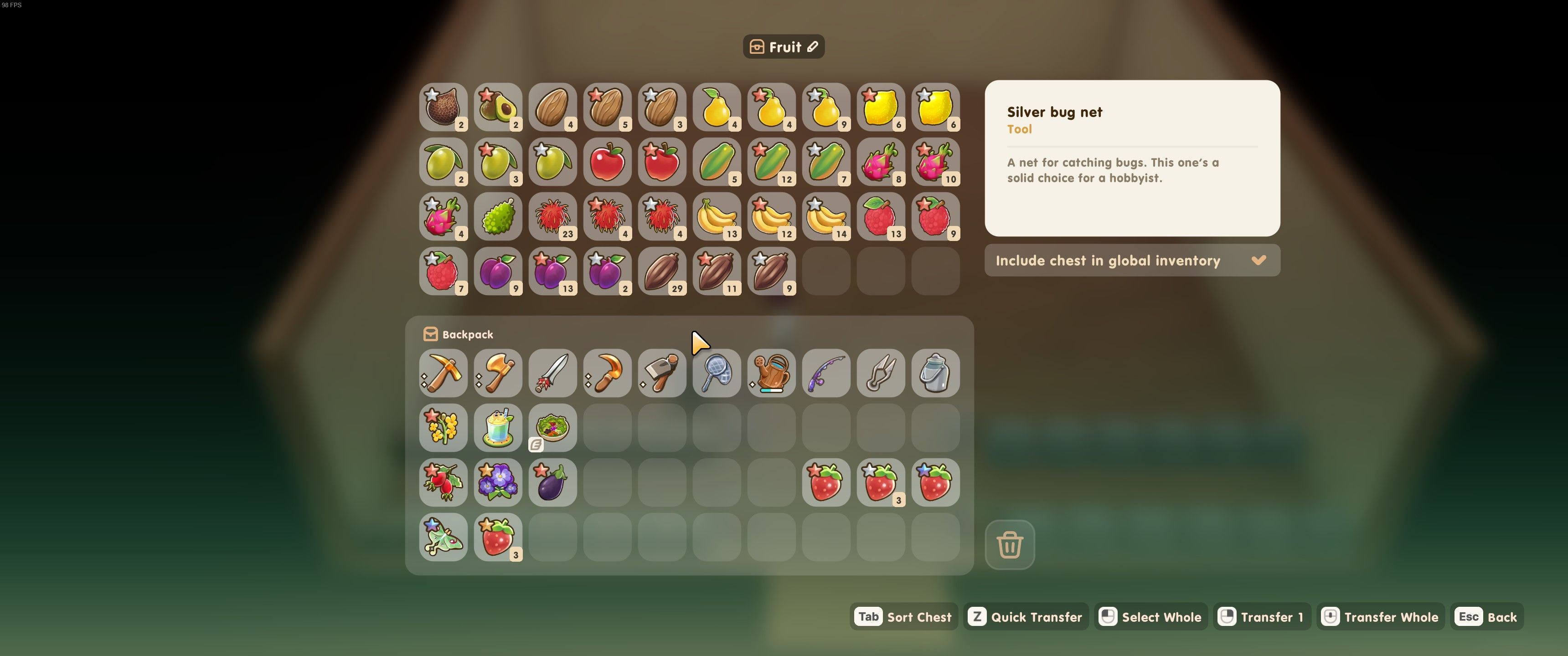 Coral Island: A chest inventory filled with fruits