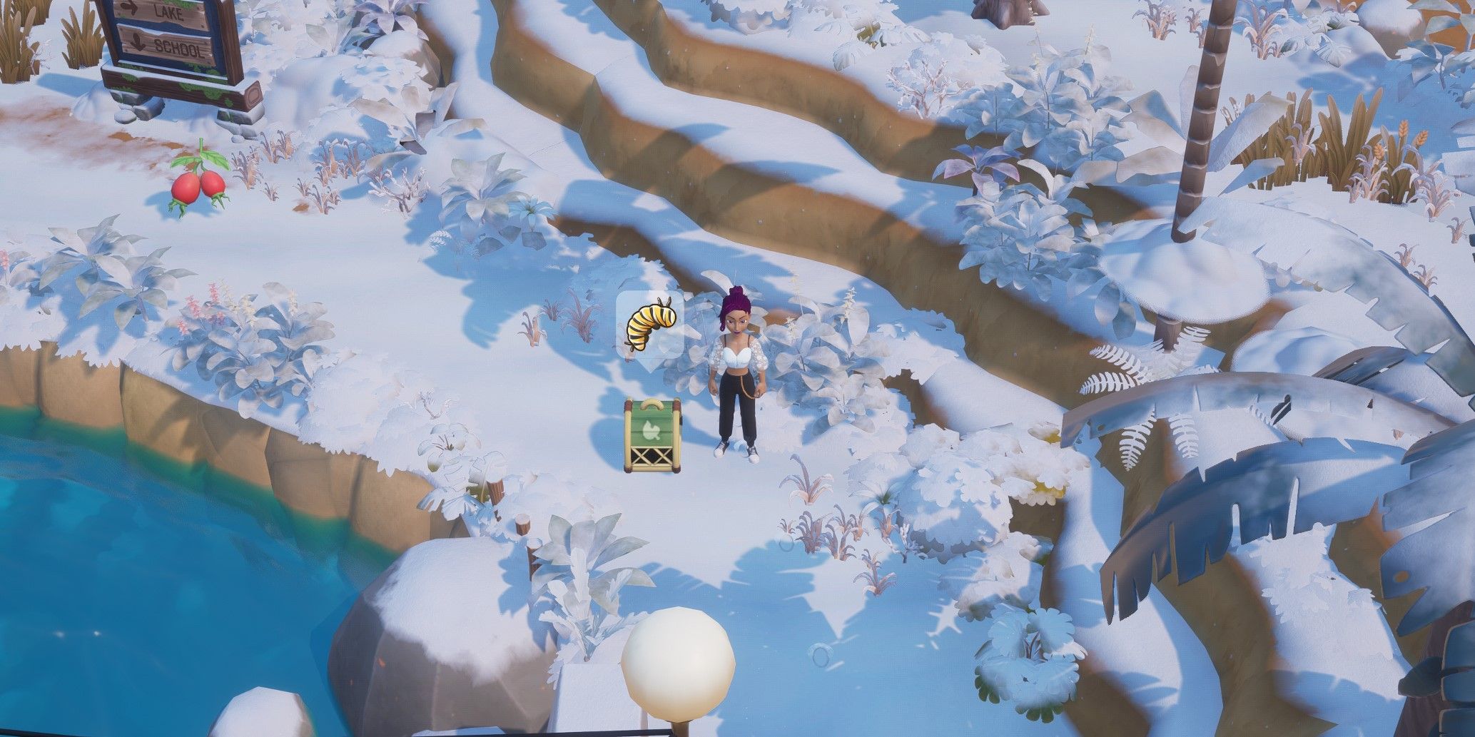 Coral Island: The player character standing beside a trap bearing the Monarch Caterpillar