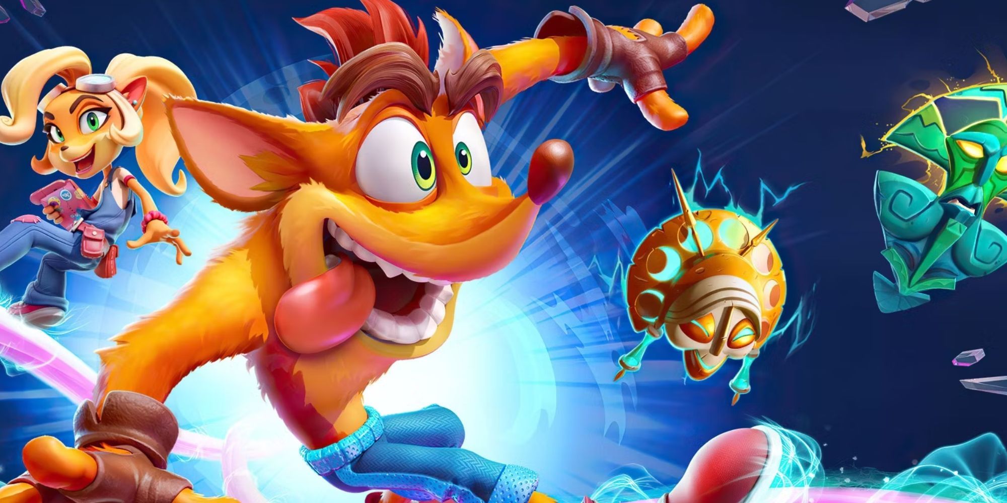 Crash Bandicoot in the foreground and Coco Bandicoot in the background in a promotional image for Crash 4. They are both surfing in the air. 