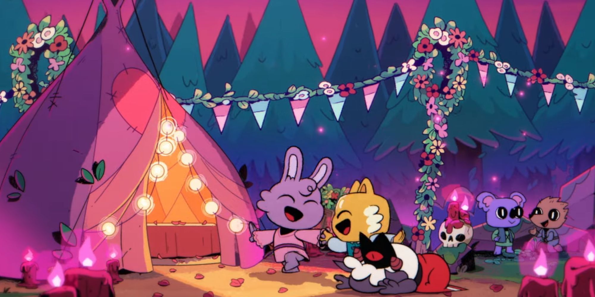 Cartoon animals at a cult party. Two are skipping hand in hand into a tent. 
