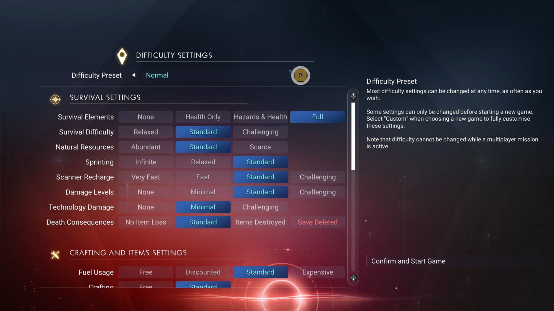 No Man's Sky: The Range Of Options For The Custom Game Settings