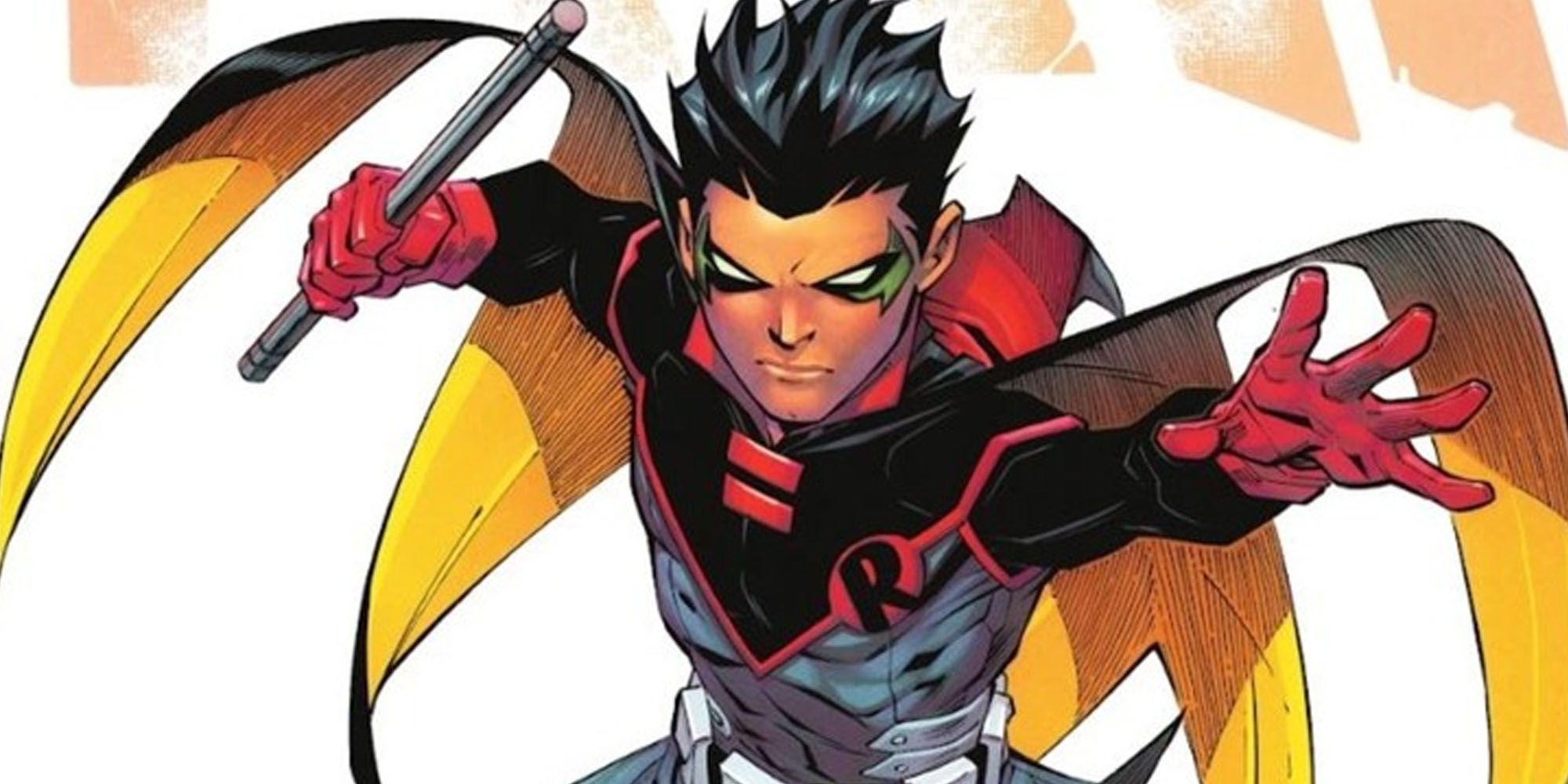 Damian Wayne over a white background leaping towards the camera