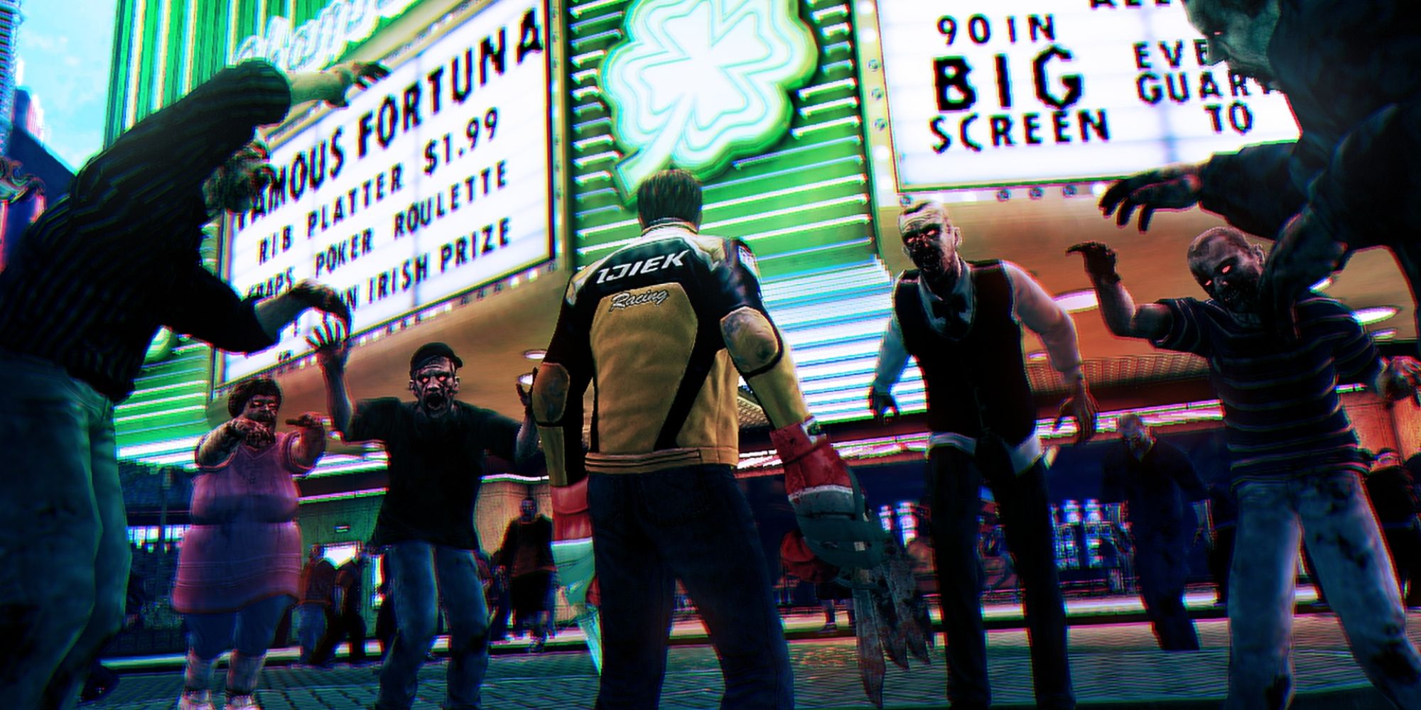 Dead Rising 2 Screenshot von Chuck Greene auf dem Strip, umgeben von Zombies