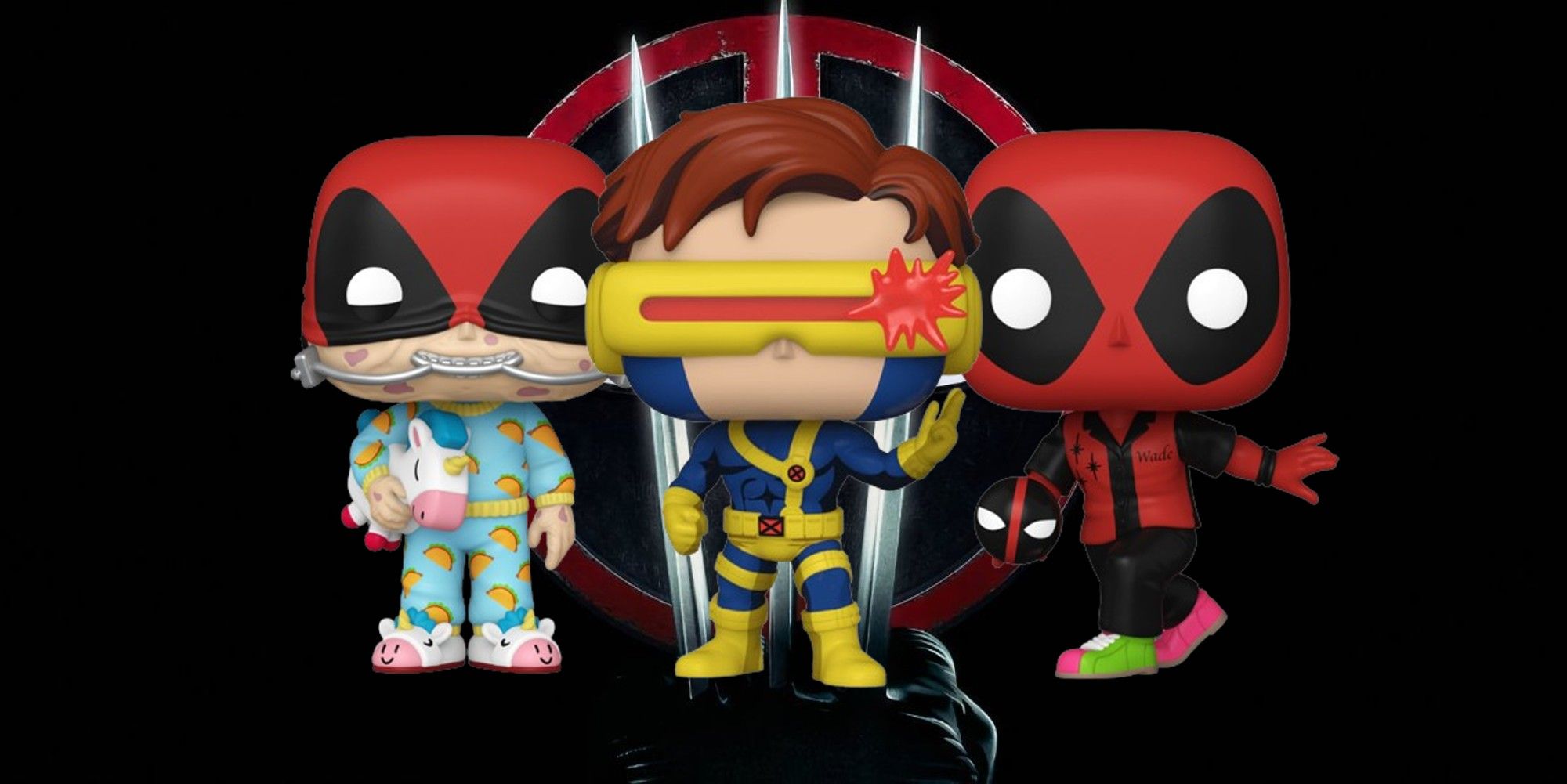 deadpool and cyclops funko pops in front of the deadpool 3 logo