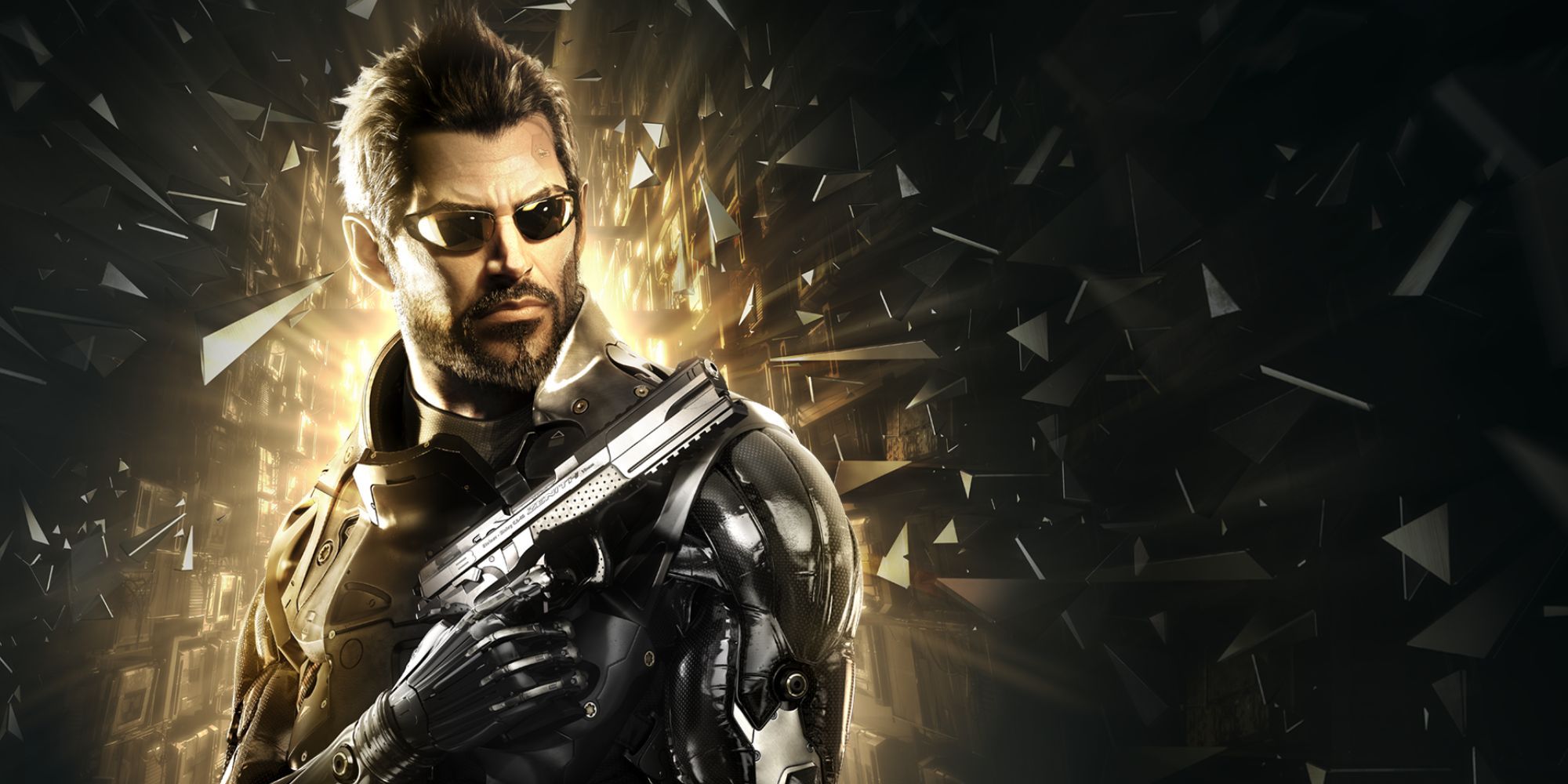 The main character of Deus Ex Mankind Divided wearing sunglases and armour, wielding a pistol