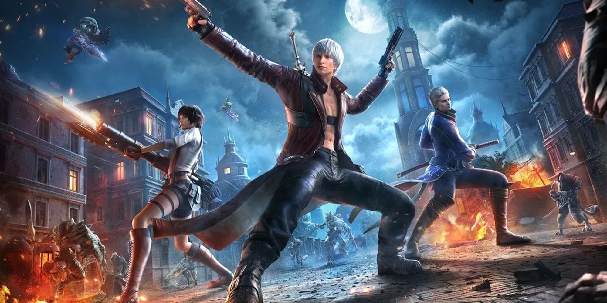 dante, lady, and vergil fighting demons in promotional art
