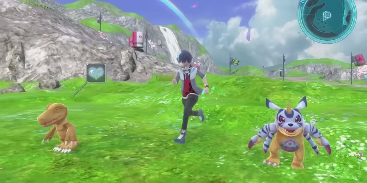 Shiki running in a field with Agumon and Gabumon next to him in Digimon World Next Order