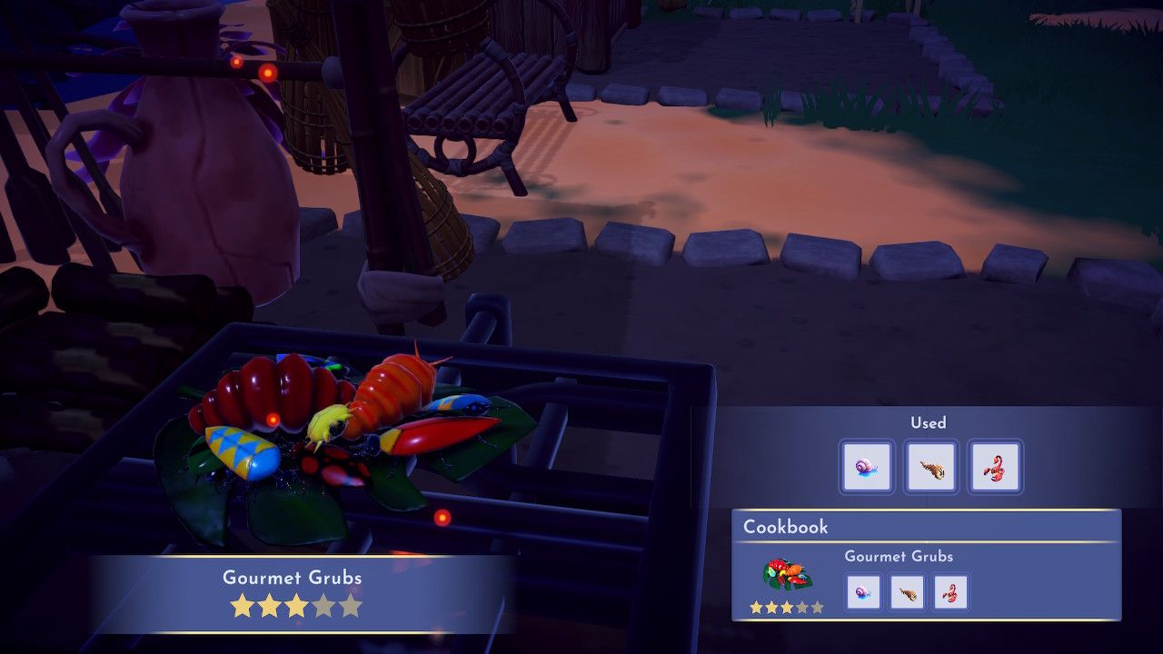 Disney Dreamlight Valley cooking Gourmet Grubs at the docks cooking station on Eternity Isle.