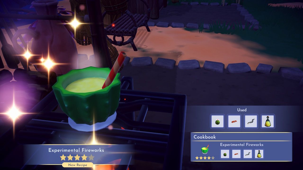 Disney Dreamlight Valley Experimental Fireworks recipe finished cooking at the cooking station by the docks on Eternity Isle.