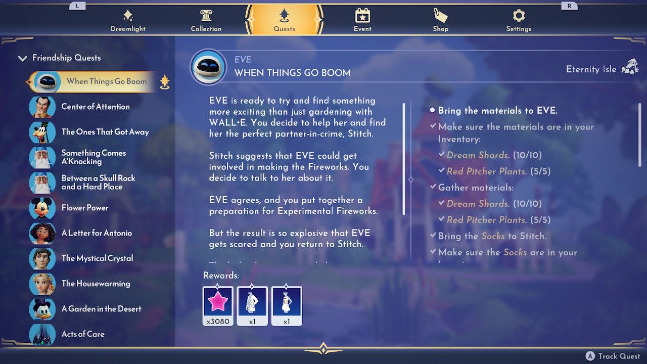 Disney Dreamlight Valley quest screen showing rewards for the When Things Go Boom quest with EVE.