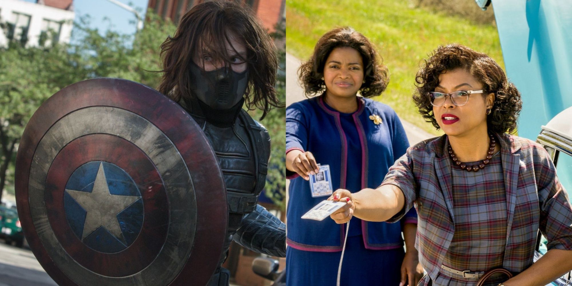 Disney Plus Movies Featured Split Image Bucky From Winter Soldier and Katherine with Dorothy From Hidden Figures