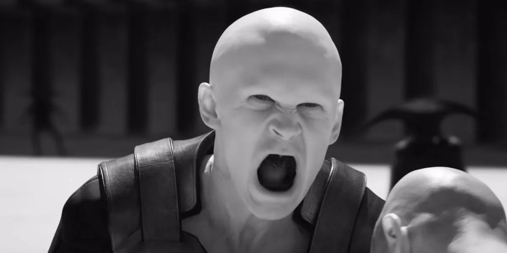 Austin Butler as Feyd-Rautha, screaming in black and white, in Dune Part Two (2024)