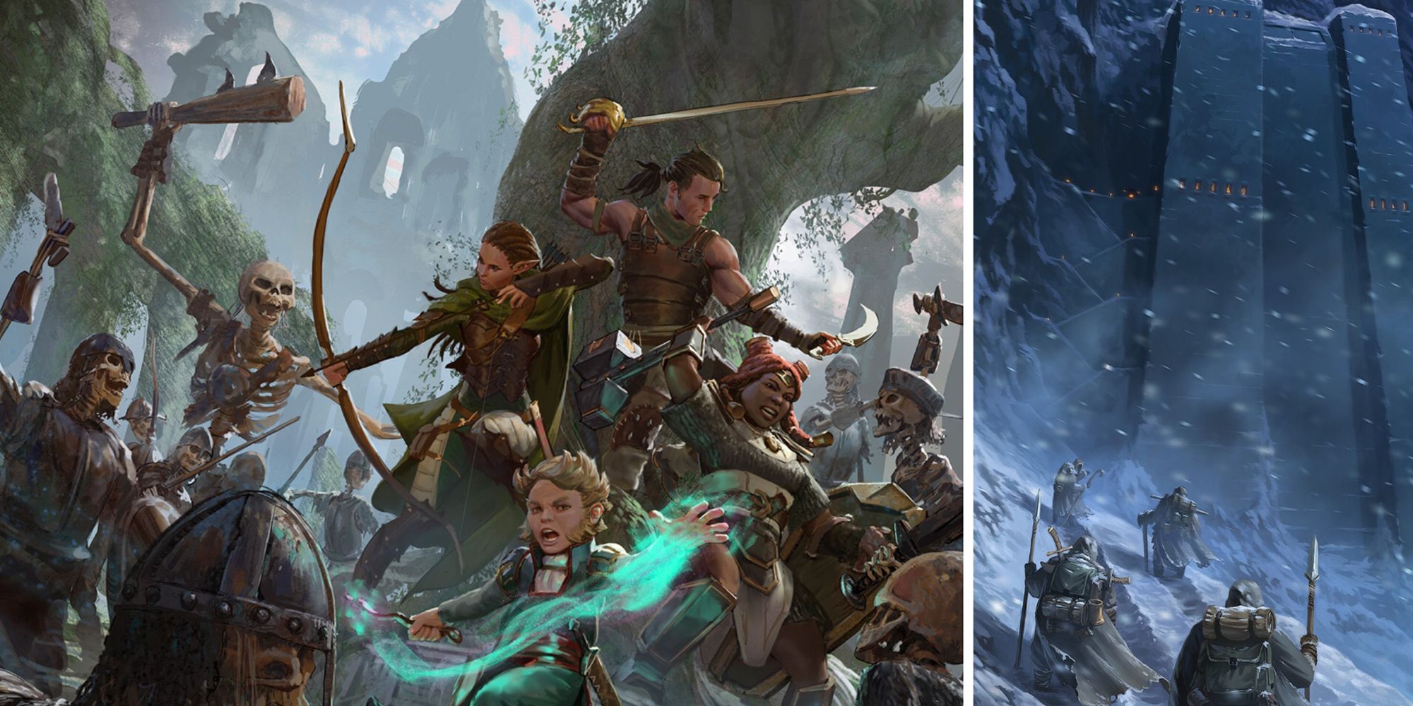 On the left, a D&D party of four battling a group of undead. On the right, a D&D party of four traveling through a blizzard.