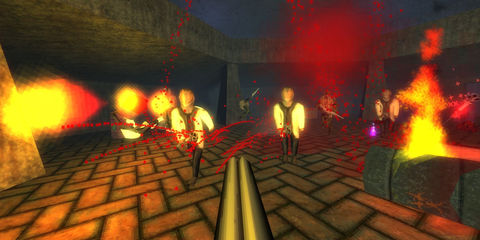 A screenshot from the game Dusk, showing a first person perspective of a player shooting enemies with a shotgun. There's blood coming from the enemies, and the area is on fire.