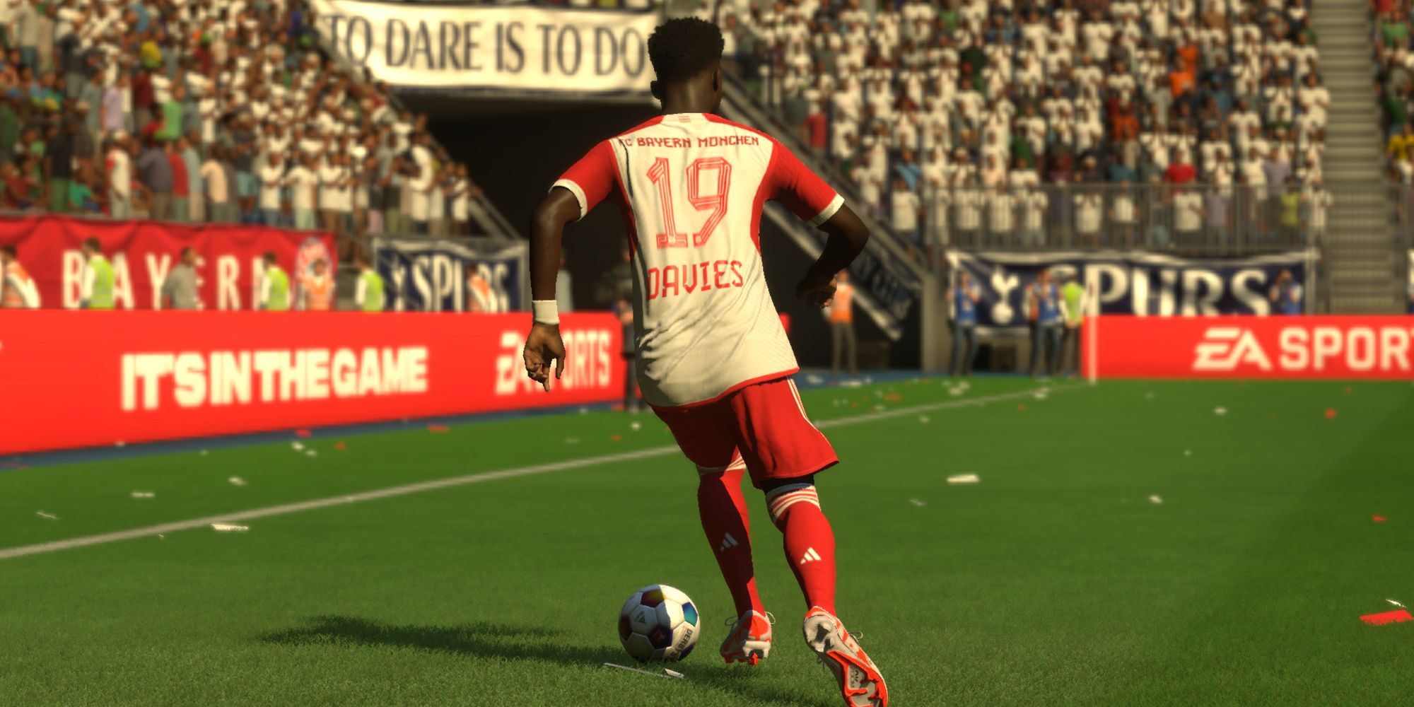 A screenshot of Bayern Munich defender Alphonso Davies during a friendly game in EA Sports FC 24.