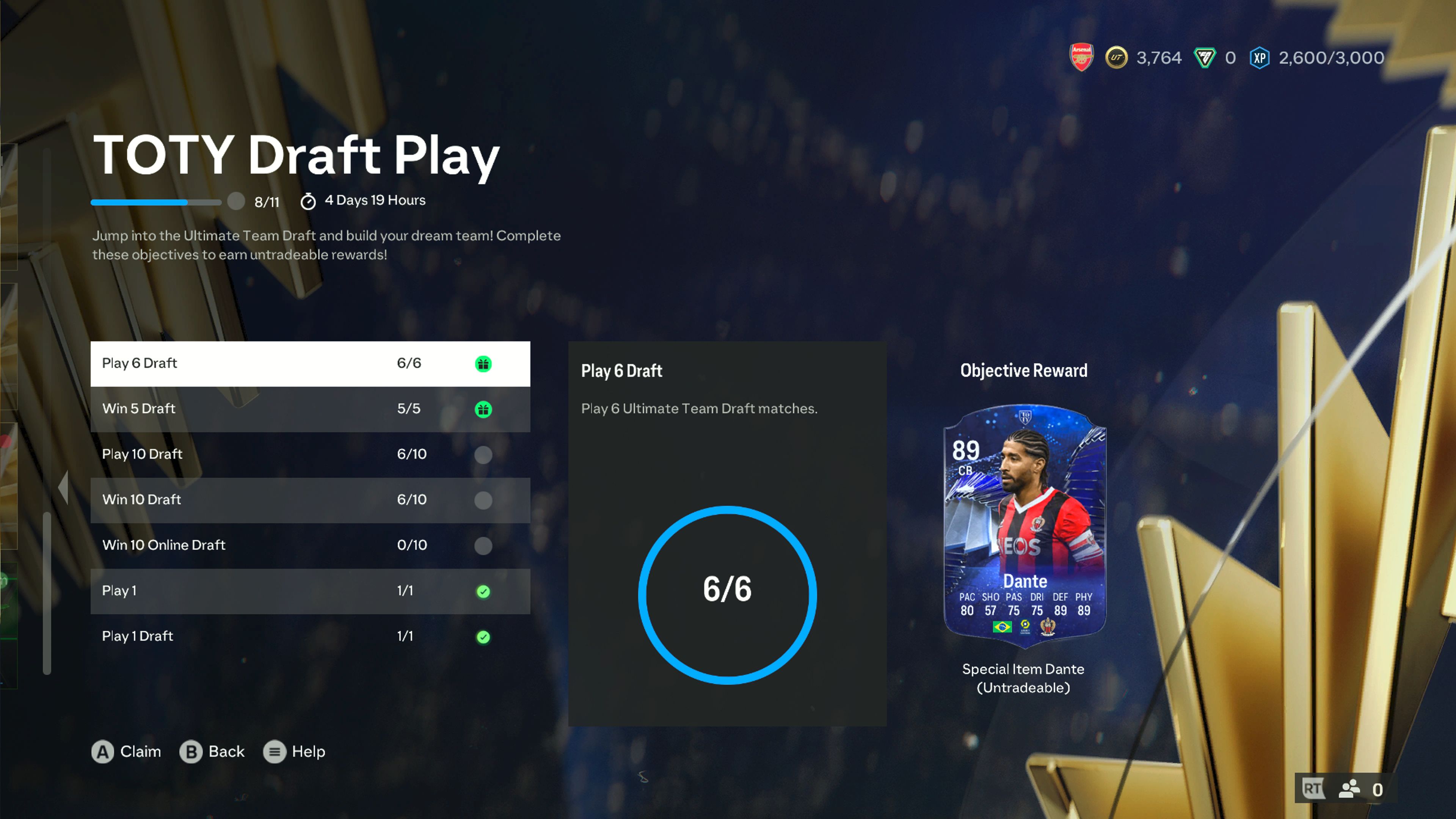 Das TOTY Draft Play Objective von EA Sports FC 24 Ultimate Team, wobei das Play 6 Draft Objective hervorgehoben und die TOTY Honourable Mention Dante Card angezeigt wird.