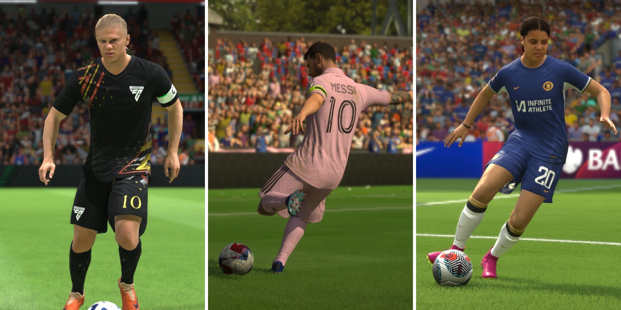 Auf Schnappschüssen von EA Sports FC 24 sind von links nach rechts Erling Haaland, Lionel Messi und Sam Kerr zu sehen, allesamt Mitglieder der Teams des Jahres 2023 des Spiels.