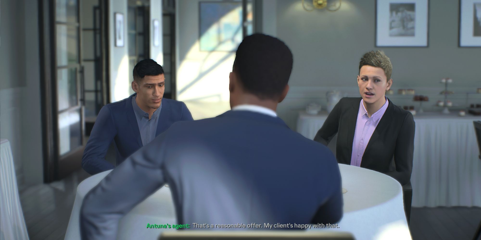 A manager, player, and player agent participate in a contract negotiation during Manager Career on EA Sports FC 24.
