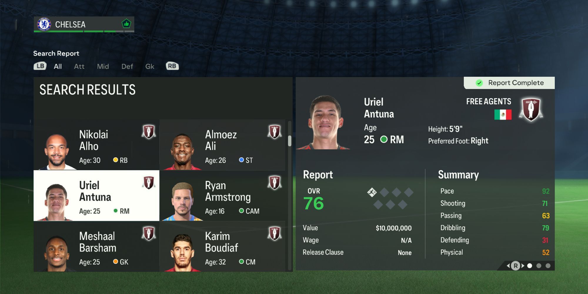 The Search Report screen on Manager Career in EA Sports FC 24, with Mexican winger Uriel Antuna highlighted and scouted.