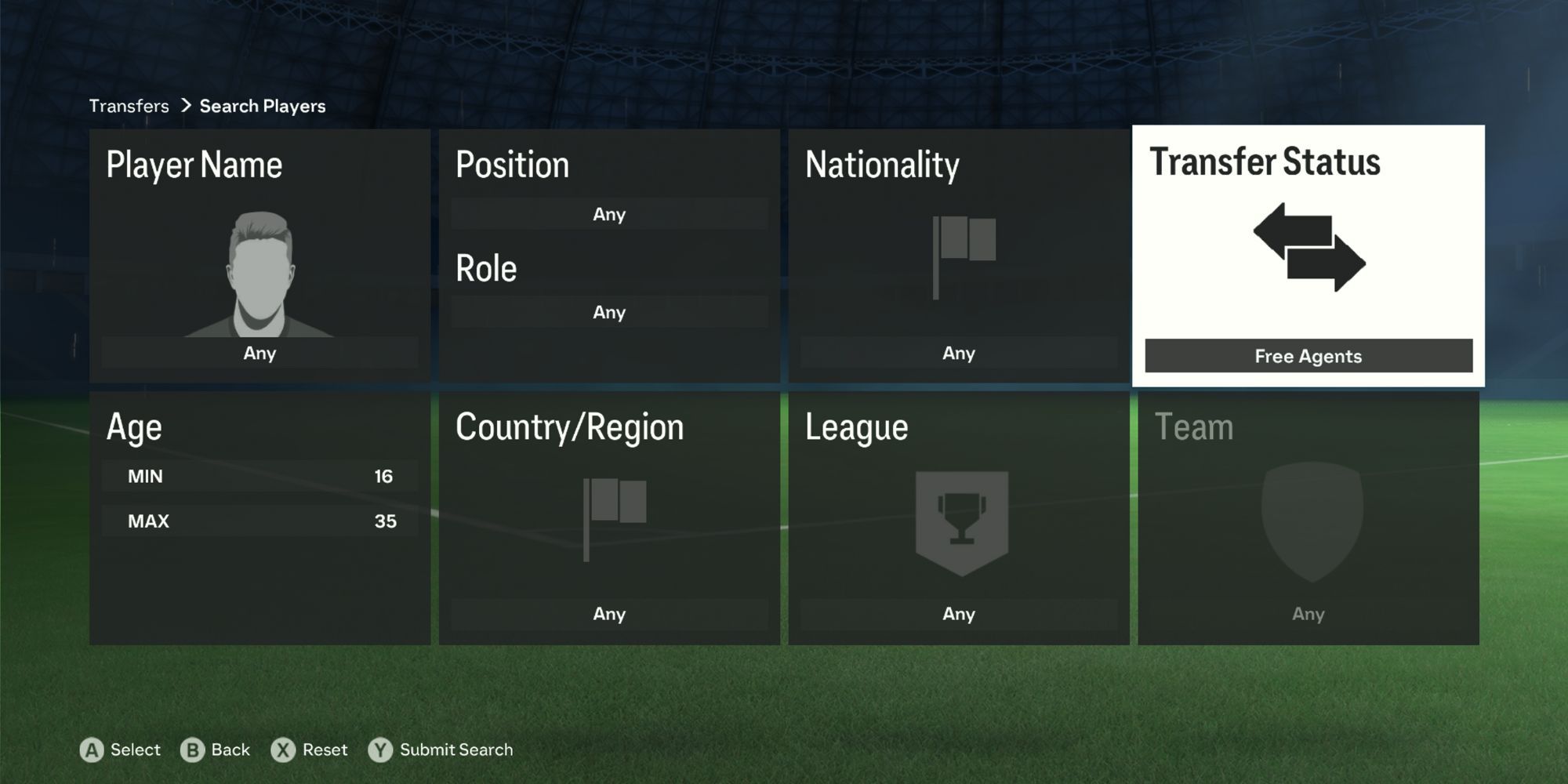 The Transfer Search Players window on EA Sports FC 24 Manager Career, with the Transfer Status box changed to Free Agents.