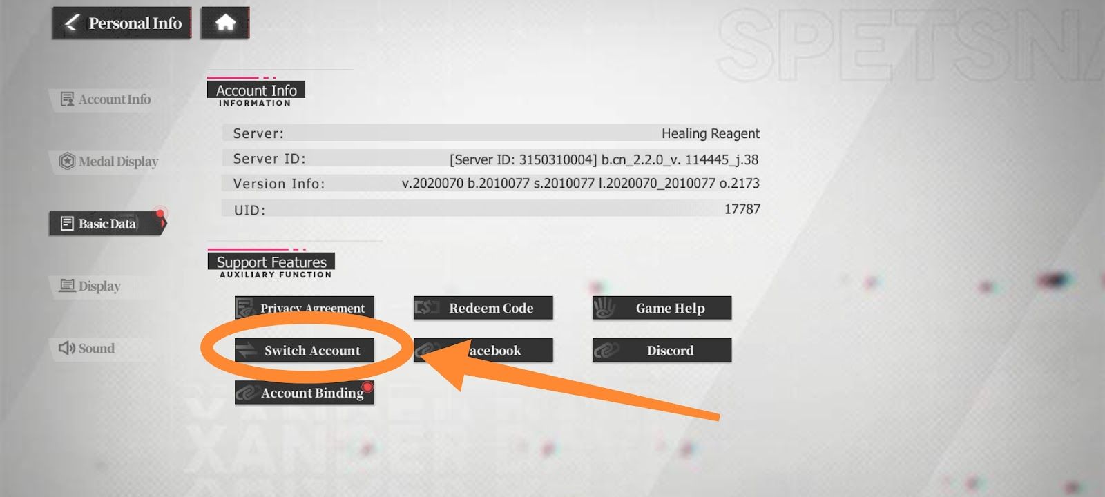 Echocalypse - Switch account option highlighted in the Basic Data page