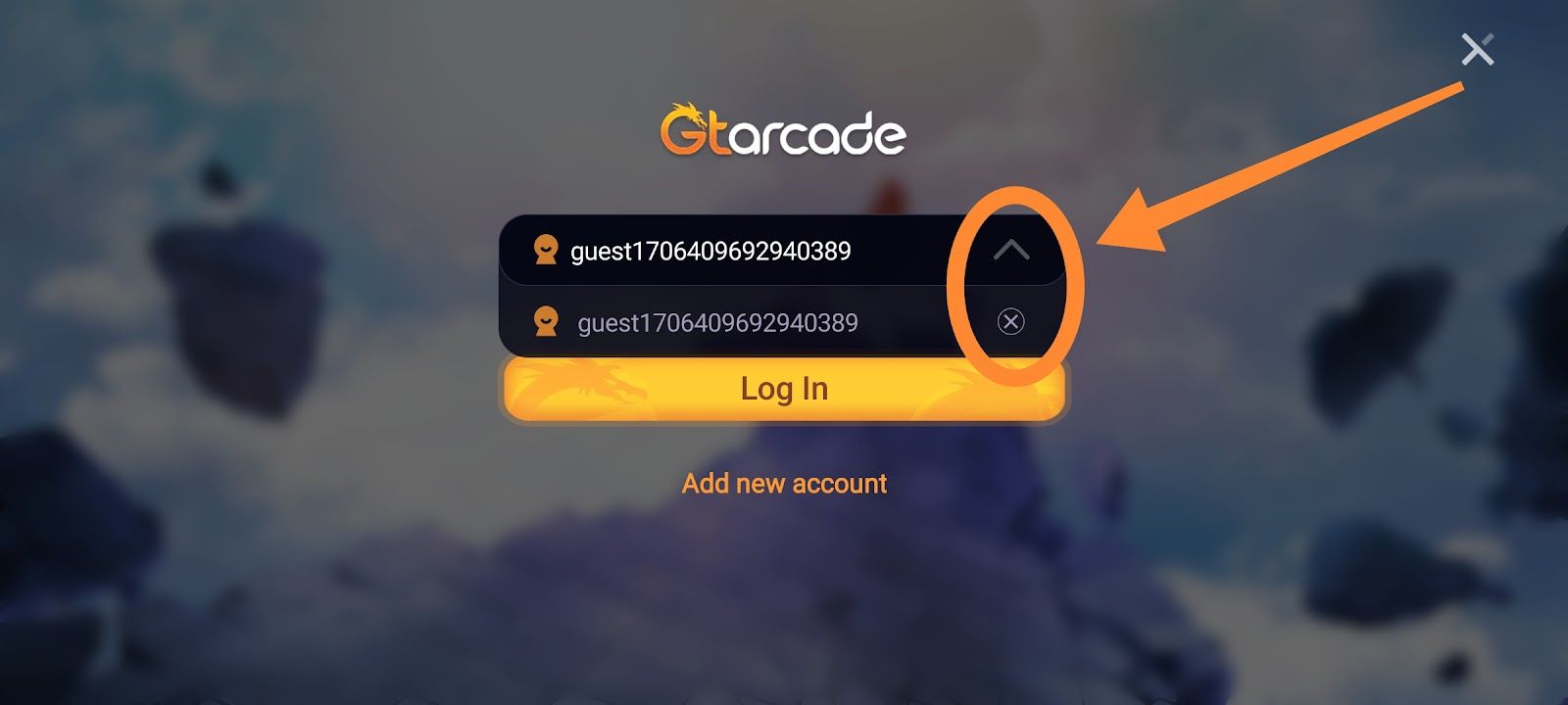 Echocalypse - Drop down button and X button highlighted in the account page