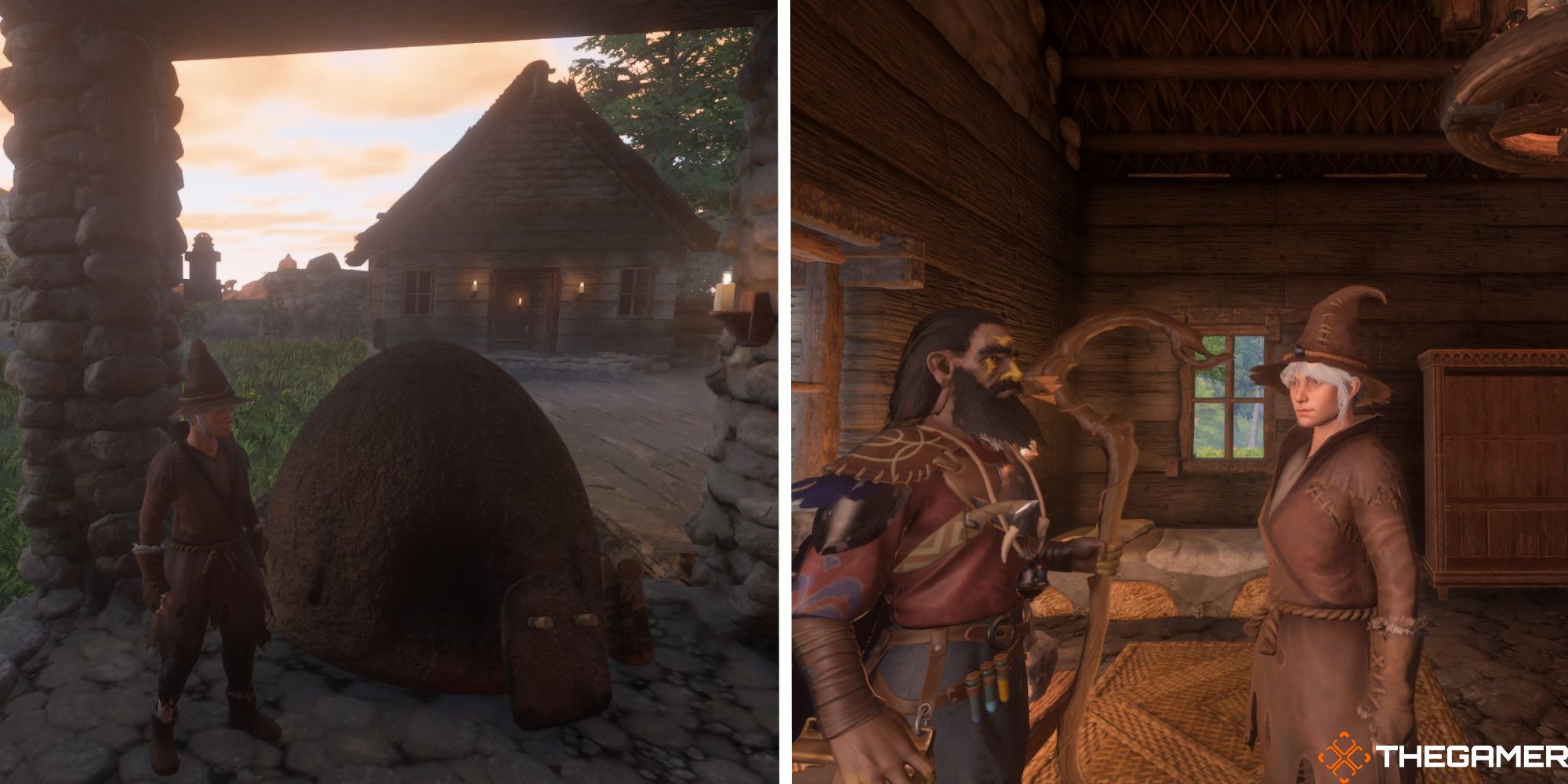 enshrouded player standing next to charcoal kiln next to image of player and alchemist