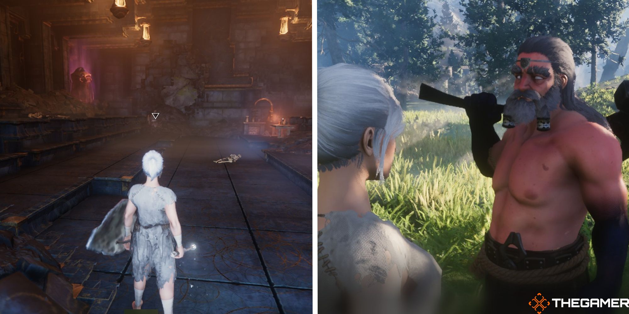 enshrouded split image showing player in ancient vault next to image of player taking to oswald
