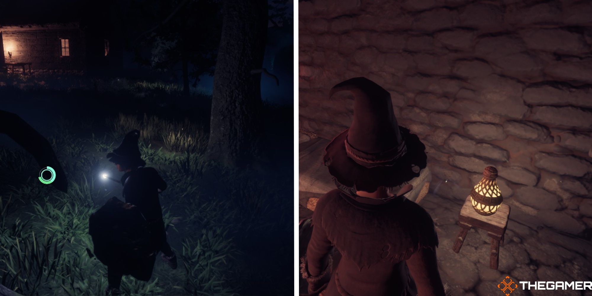 enshrouded split image showing player near fireflies next to image of player next to firefly lamp