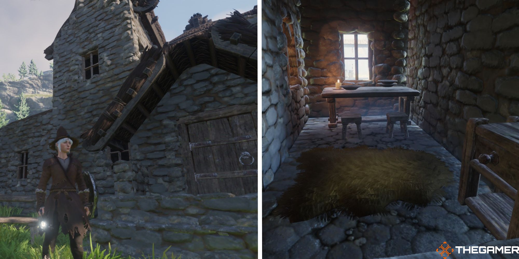 enshrouded split image showing player standing in front of house next to image of house interior