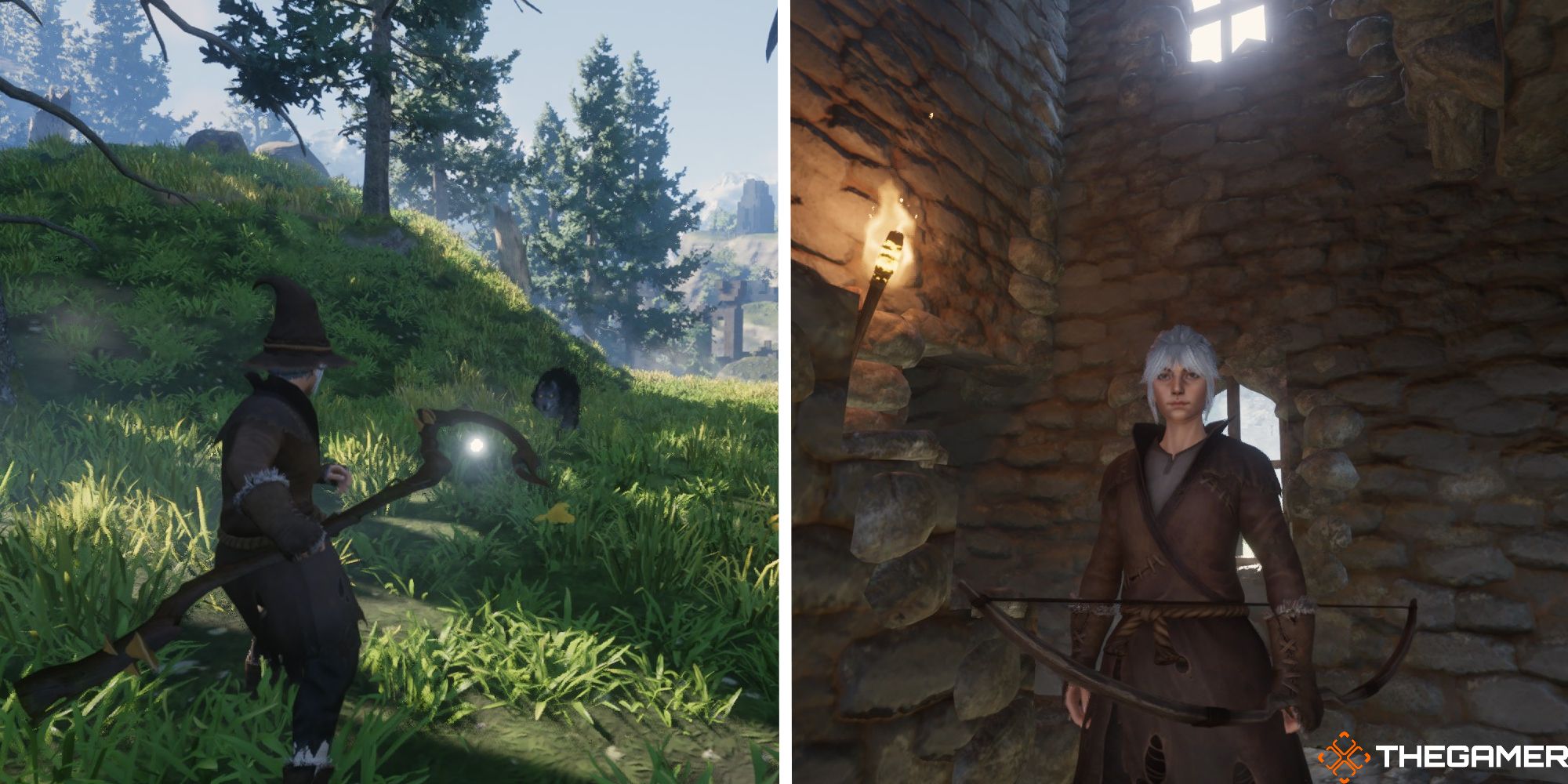 enshrouded split image showing player using a staff next to image of player holding bow inside