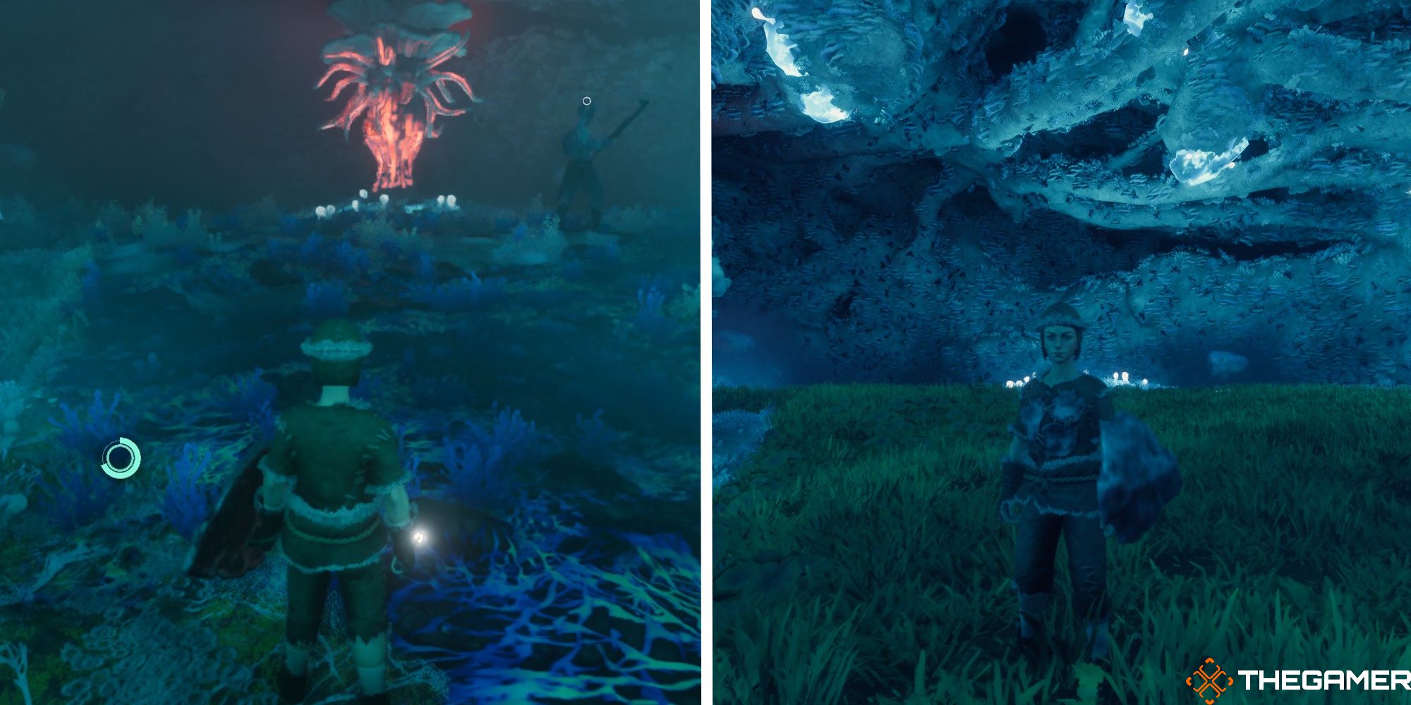 enshrouded split image showing shroud root next to image of area after player cleared root