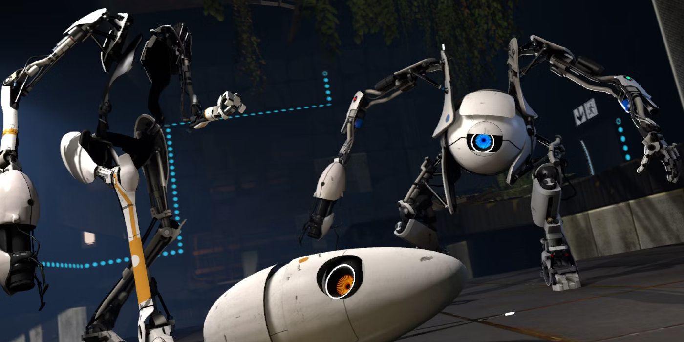 Portal 2 promo image of Atlas looking down at P-Body's head, which is detached from his body.