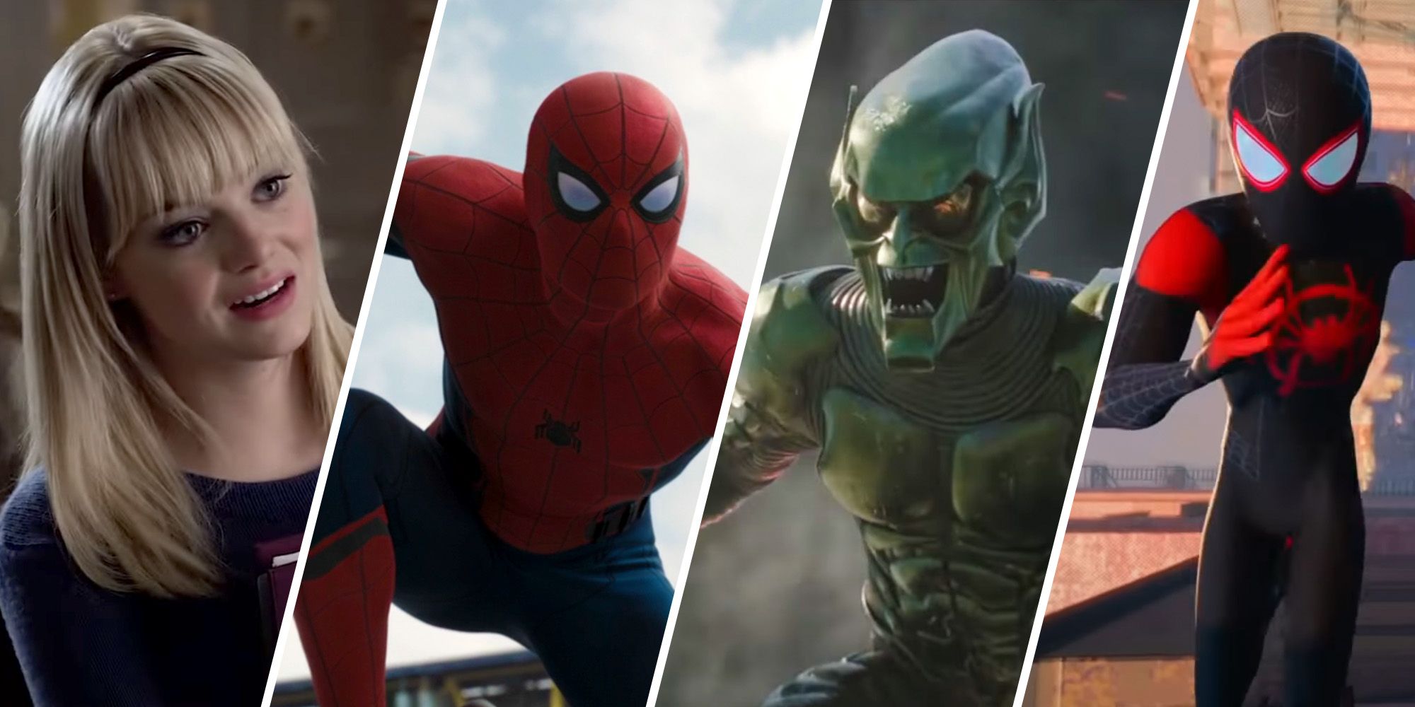 Split image of Spider-Man, Gwen Stacy, Green Goblin, and Miles Morales