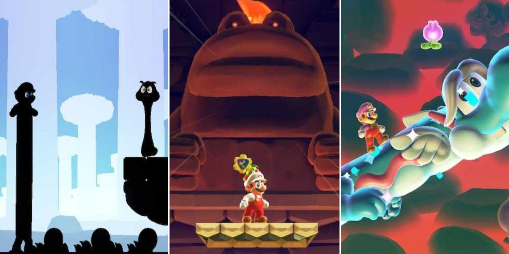 Screenshots from three different Wonder Seed stages in Super Mario Bros. Wonder.