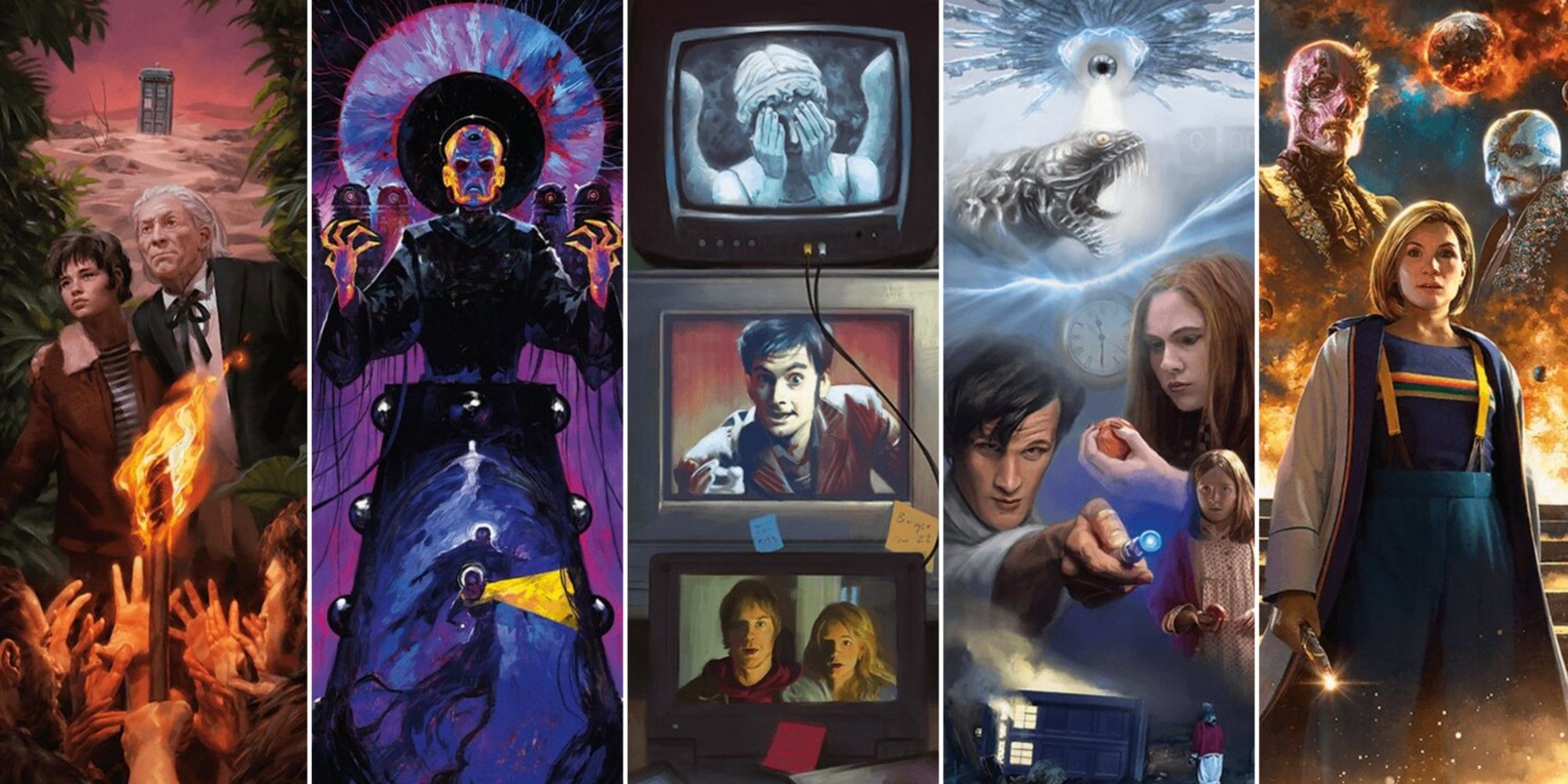 Artwork from five episode Saga cards from Magic: The Gathering's Universes Beyond: Doctor Who Commander decks