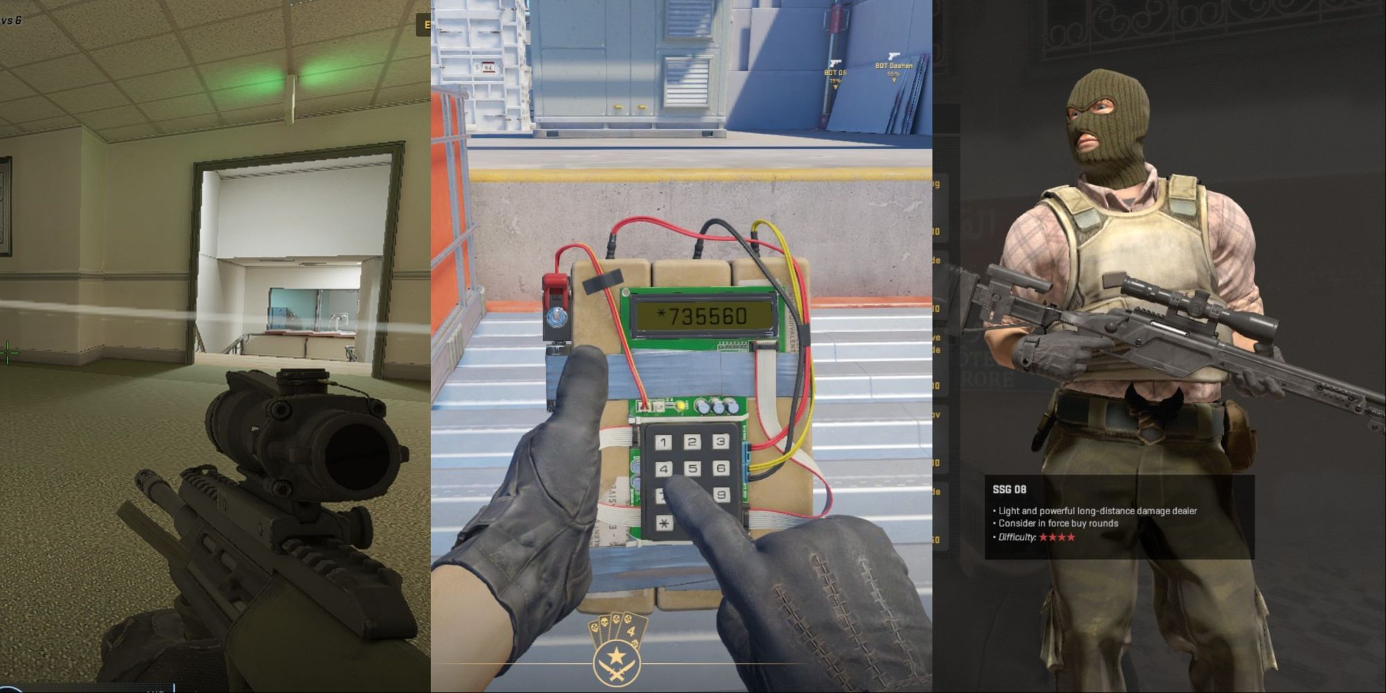 A collage showing CT gameplay with the AUG, a T-side player planting the bomb, and the T-side soldier inside the buying menu in CS2.