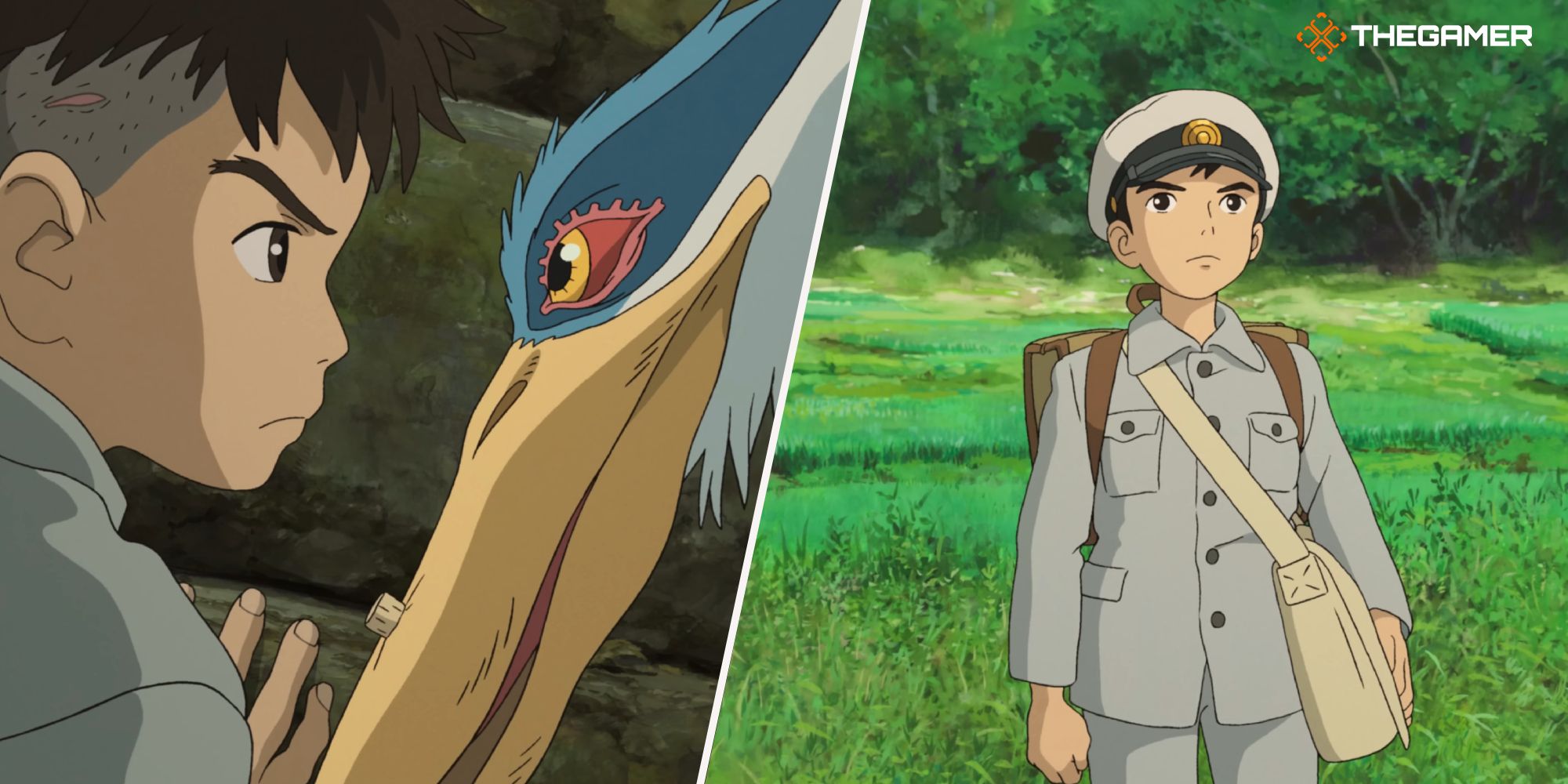 Left, Mahito and the Grey Heron face against each other. Right, Mahito stands in a field of grass.
