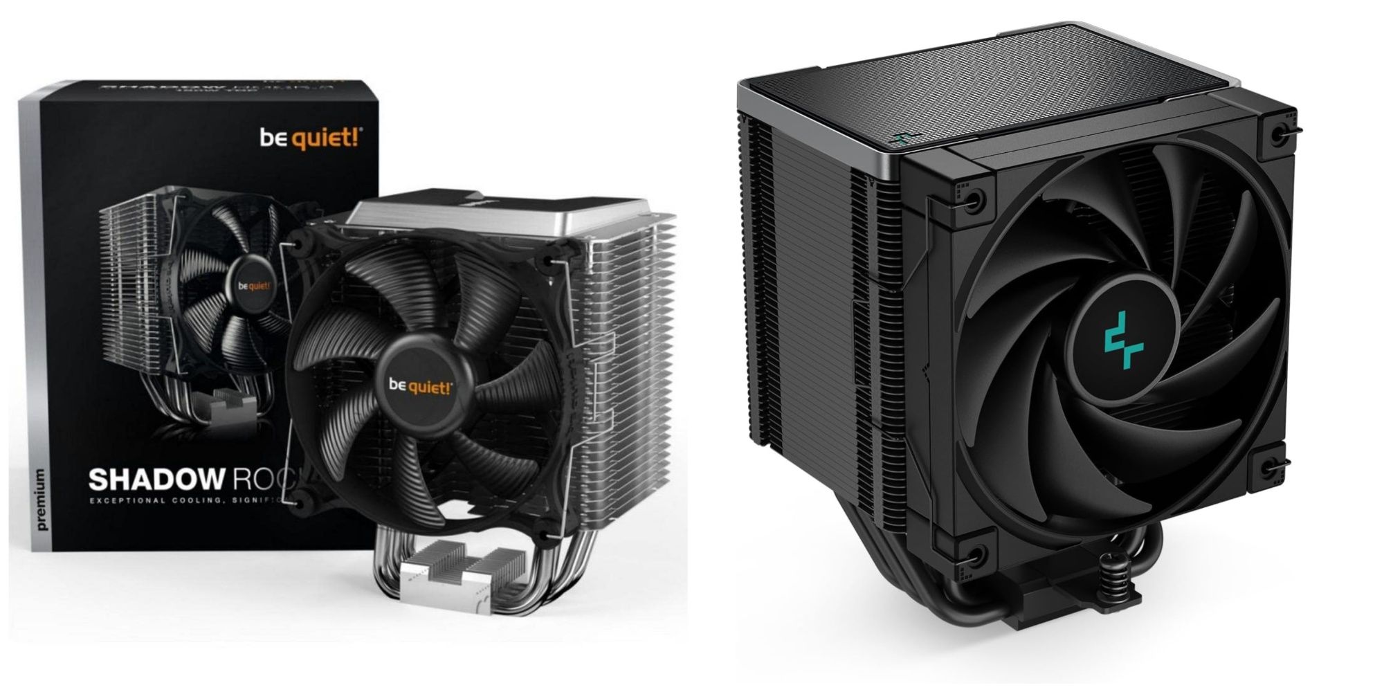 Two air CPU coolers, with a be quiet! on the left and a DeepCool on the right. Both are black block-style coolers.