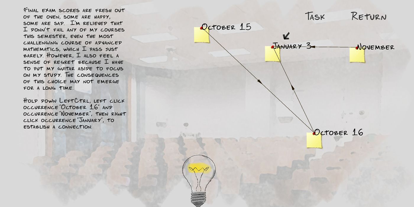 In this screen shot from Causal Effect, in-game text depicts how the protagonist passed their Advanced Mathematics final at the expense of their guitar practice. Beside the text are post-it notes with dates next to them connected by arrows. A lightbulb sits below. The backdrop recreates the college lecture hall where the final took place.  