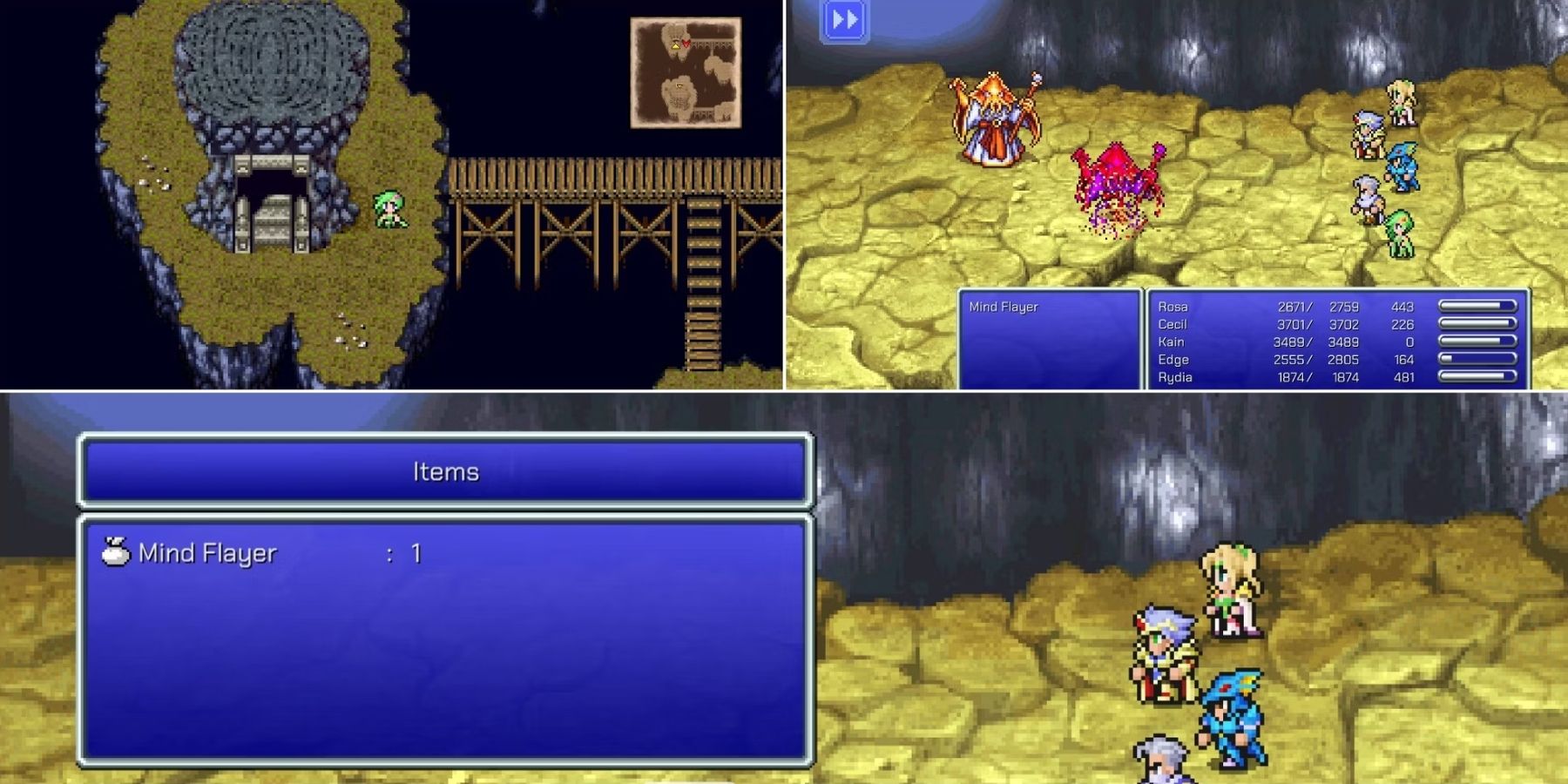 Geteiltes Bild der magnetischen Höhle, eines Kampfes gegen zwei Mindflayer und des Spielers, der den Mindflayer-Beschwörungsgegenstand im Final Fantasy 4 Pixel Remaster erhält.