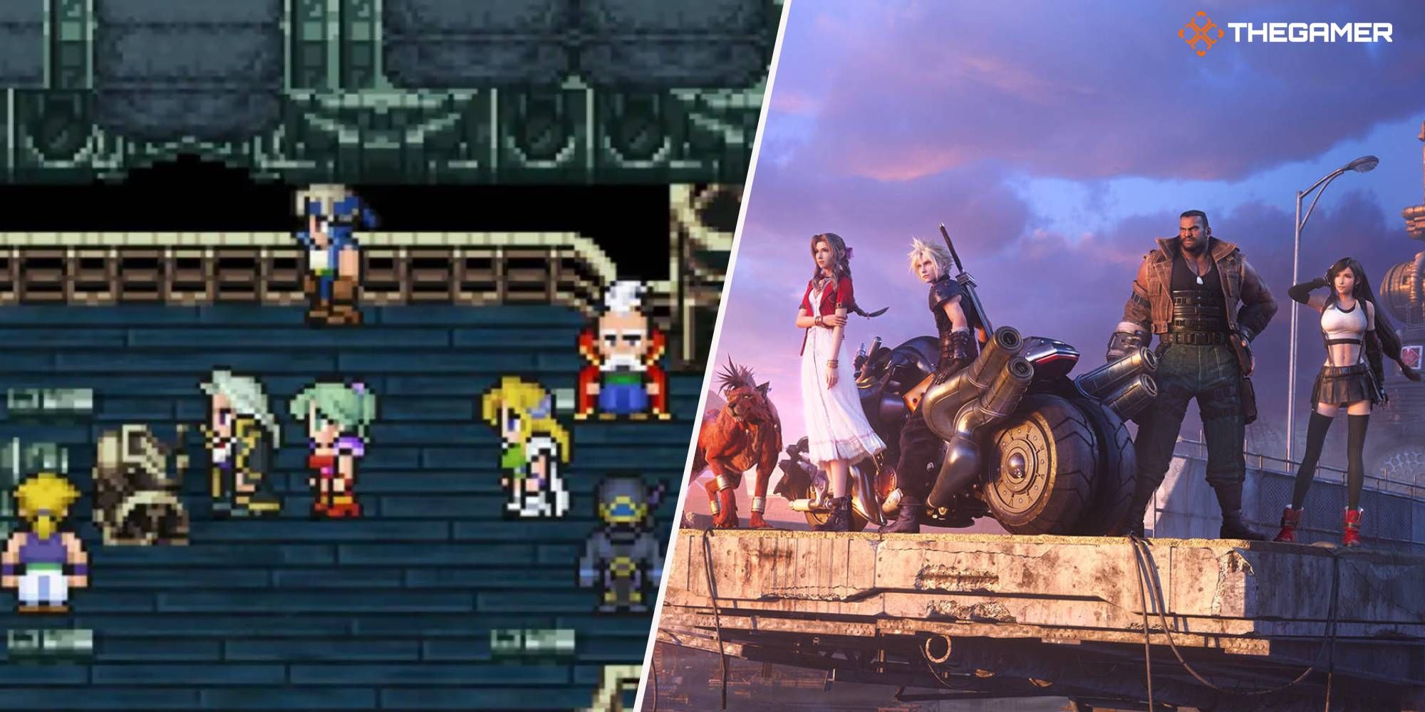 Charaktere aus Final Fantasy 6 an Bord eines Luftschiffs und Charaktere aus Final Fantasy 7 am Rande von Midgar im Remake