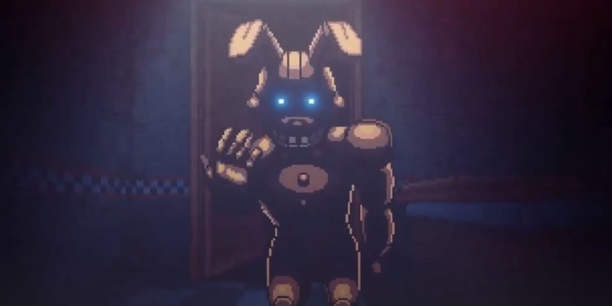 Five Nights at Freddys Springbonnie from spin-off, 2D and pixelated gesturing for us to follow them through a dark door in the pizzeria