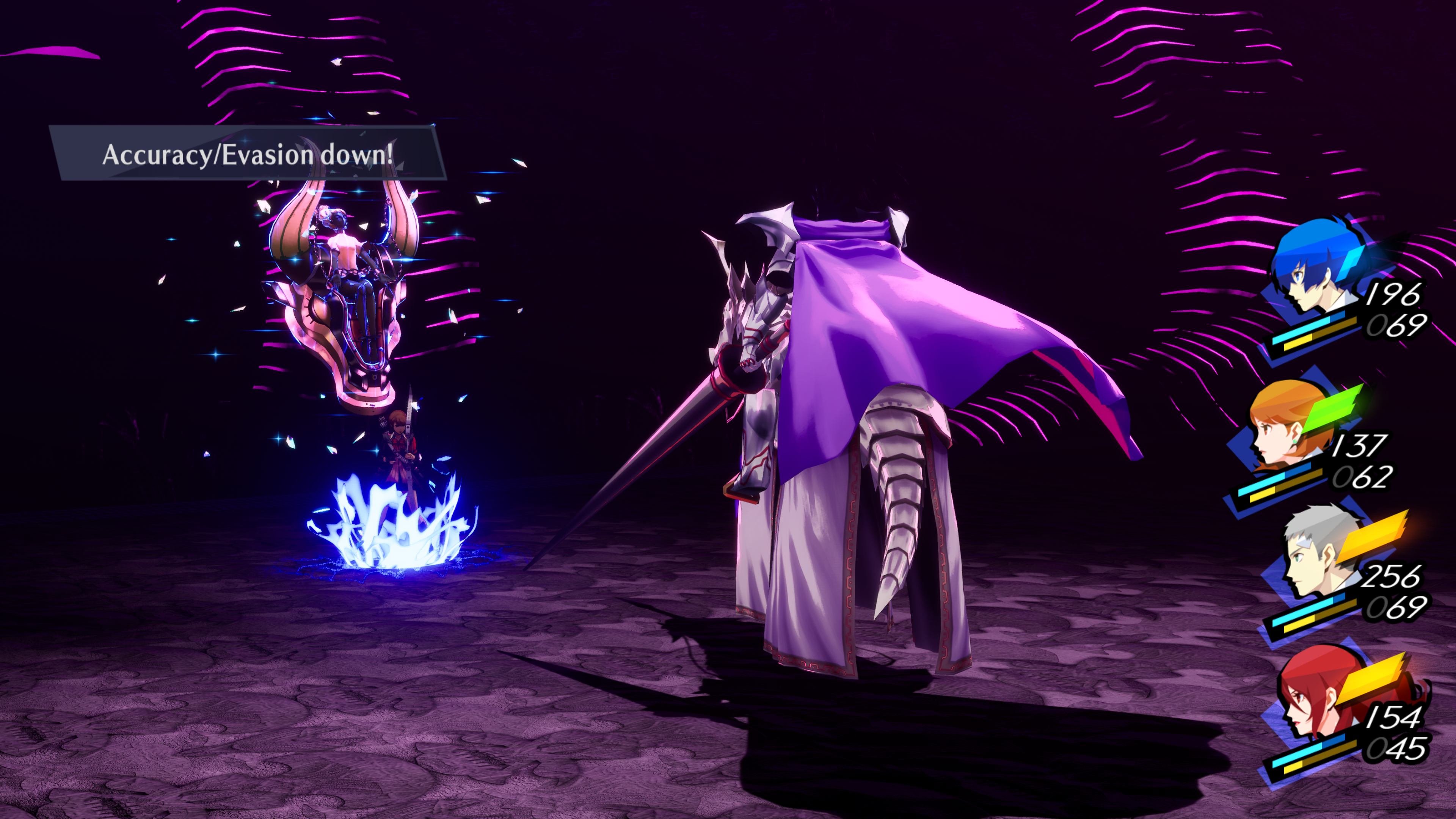 Fleetfooted Cavalry Persona 3 Reload boss having its accuracy and evasion stats reduced via Yukari