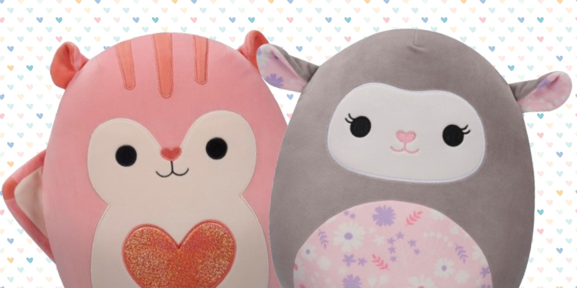 Flying squirrel and lamb Squishmallows on a heart pattern background