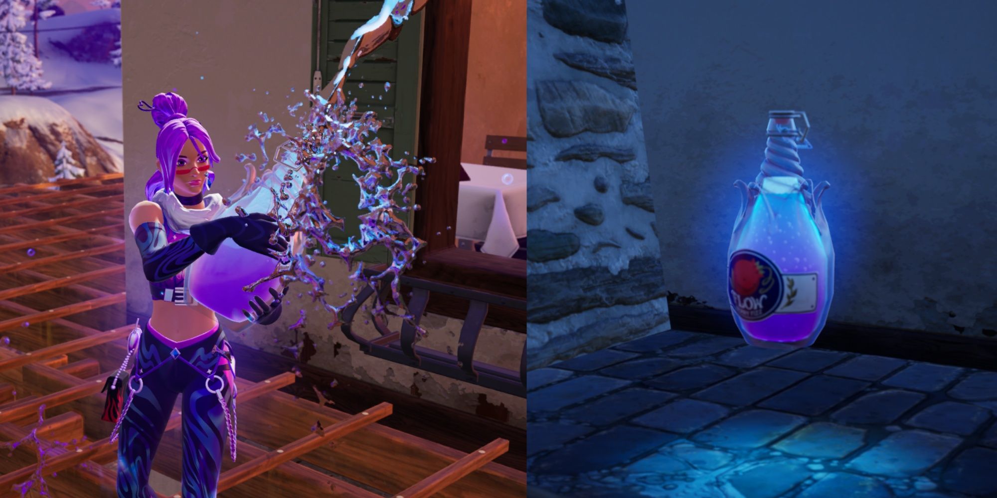 A split image of a player using the FlowBerry fizz item and the FlowBerry Fizz bottle on the floor in Fortnite.