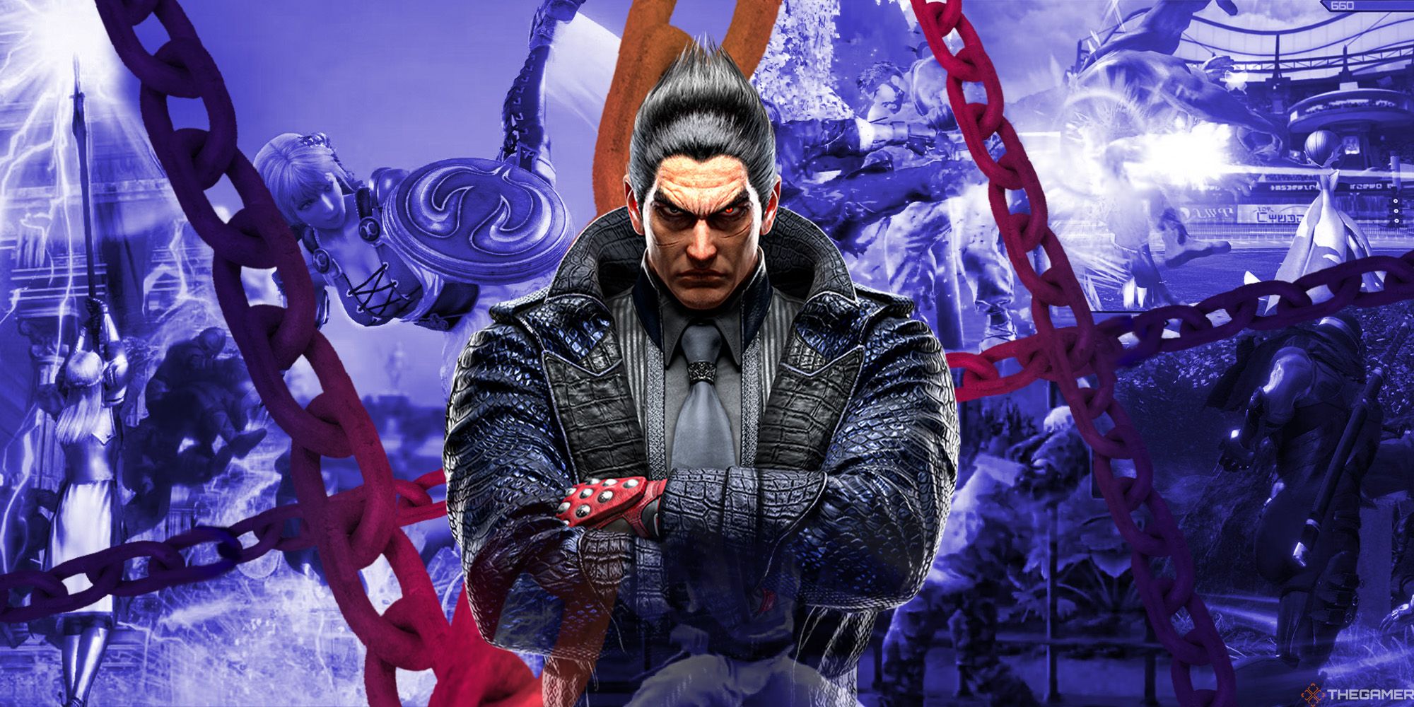 Kazuya Mishima stands against a collage of fighting games that are trapped behind chains.